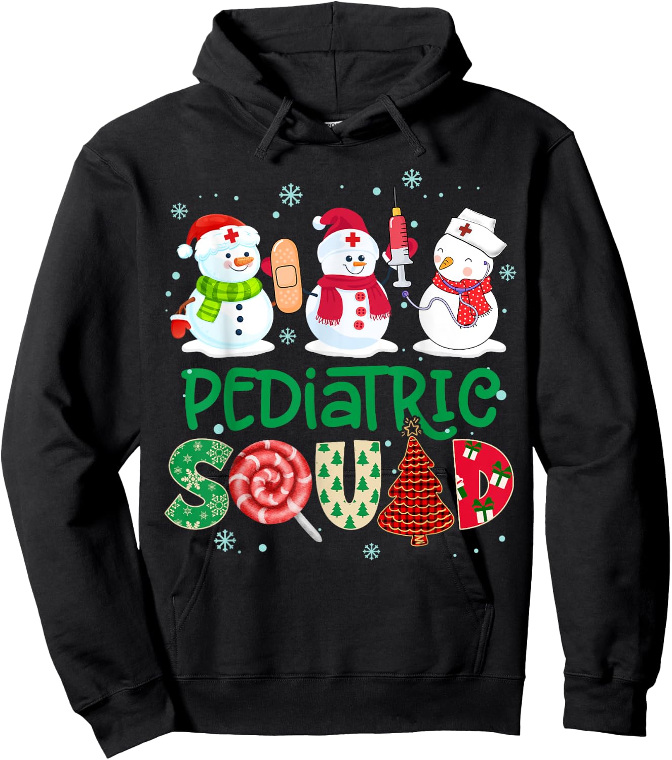 Pediatric Squad Nurse Snowmies Stethoscope Christmas Pine Hoodie - Hoodie | Black