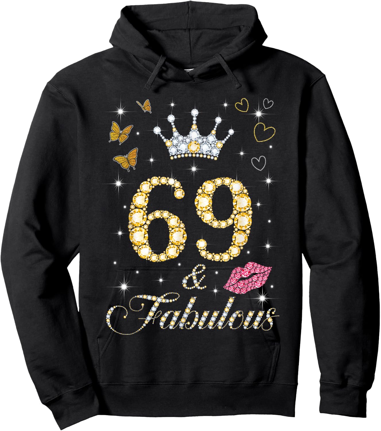 Vintage Happy 69 And Fabulous Crown Heart Lip 69th Birthday Hoodie - Hoodie | Black