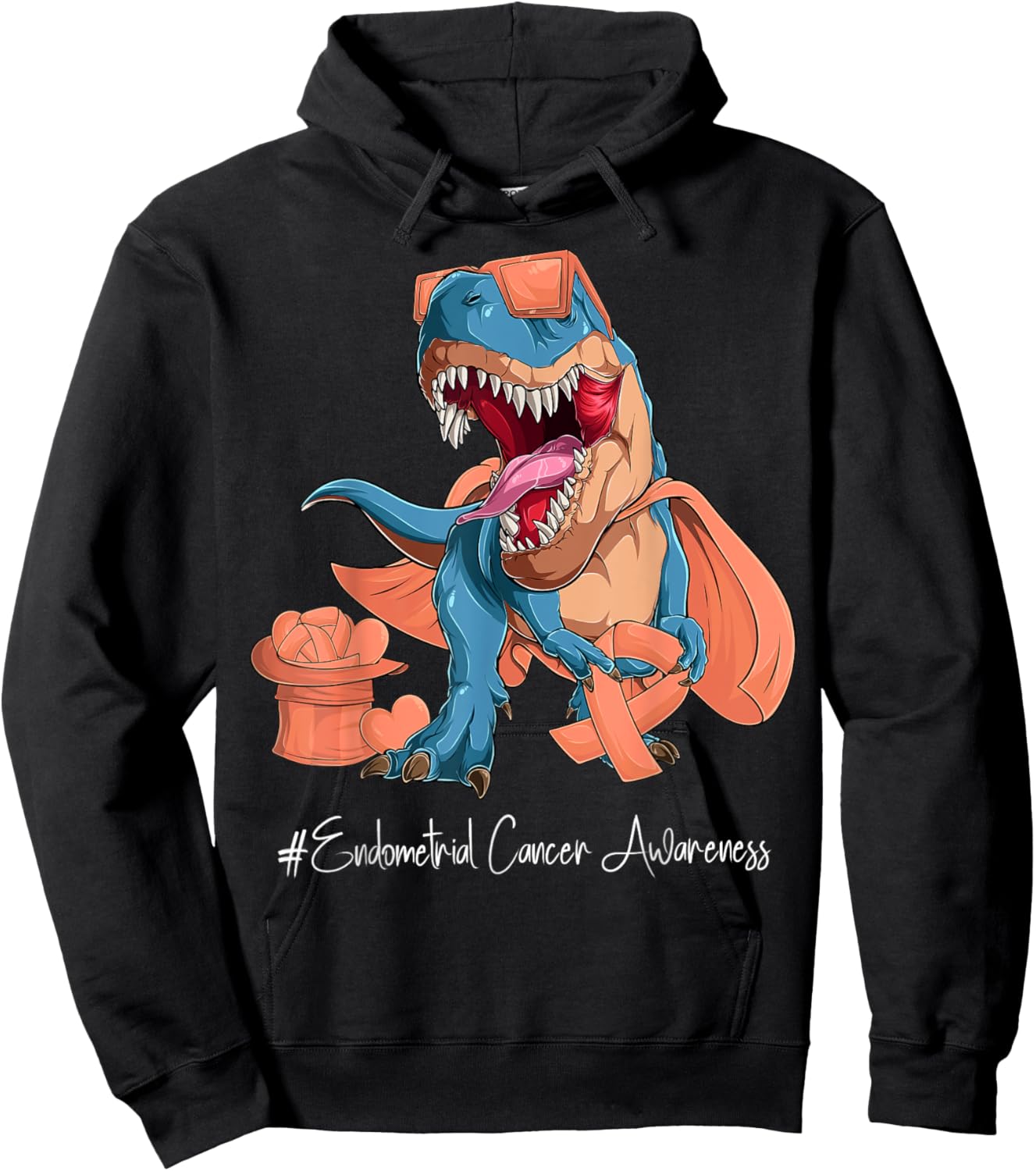 Endometrial Cancer Awareness Month Peach Ribbon Trex Hoodie - Hoodie | Black