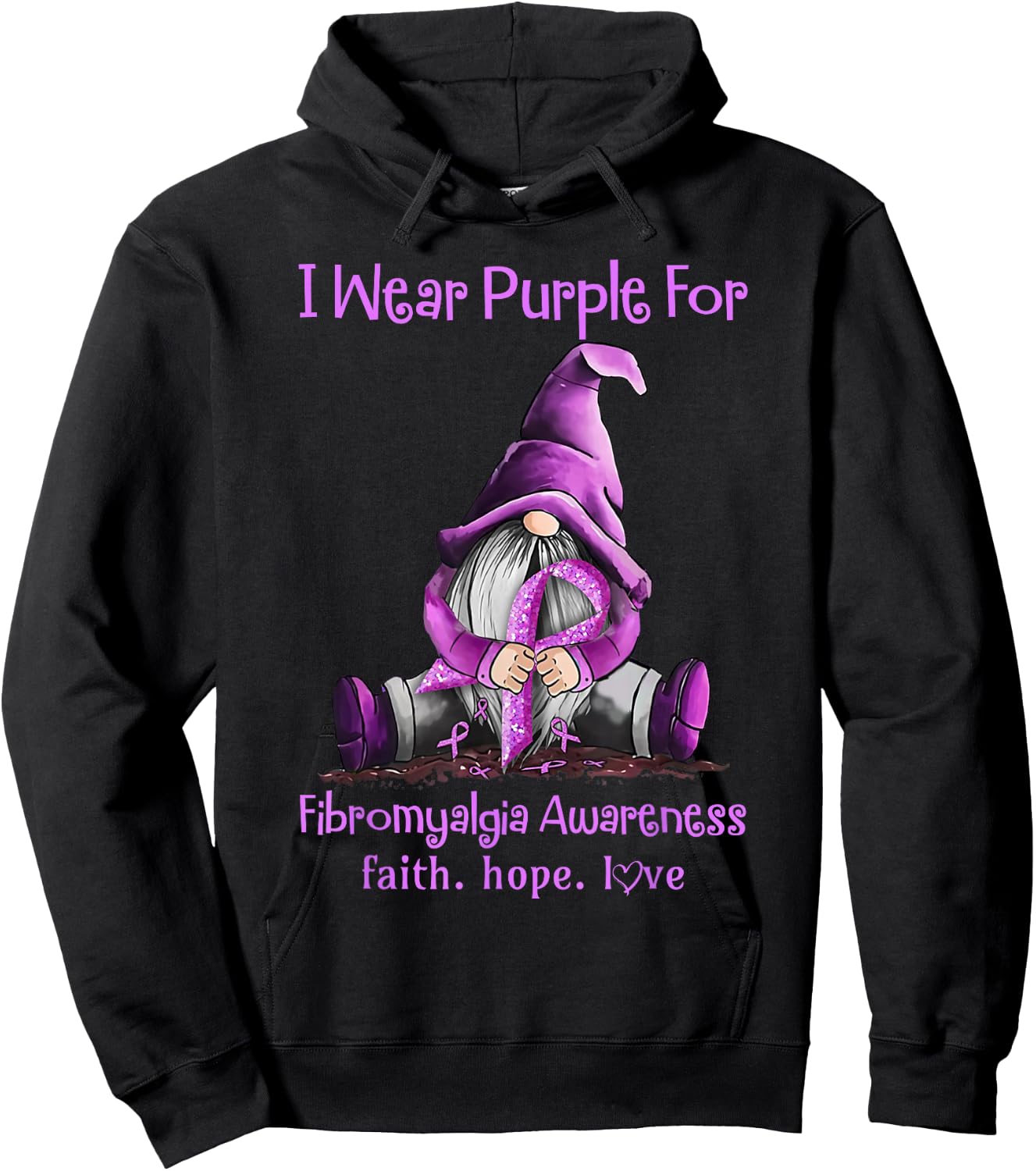 I Wear Purple Gnomes Ribbon Fibromyalgia Awareness Hoodie - Hoodie | Black