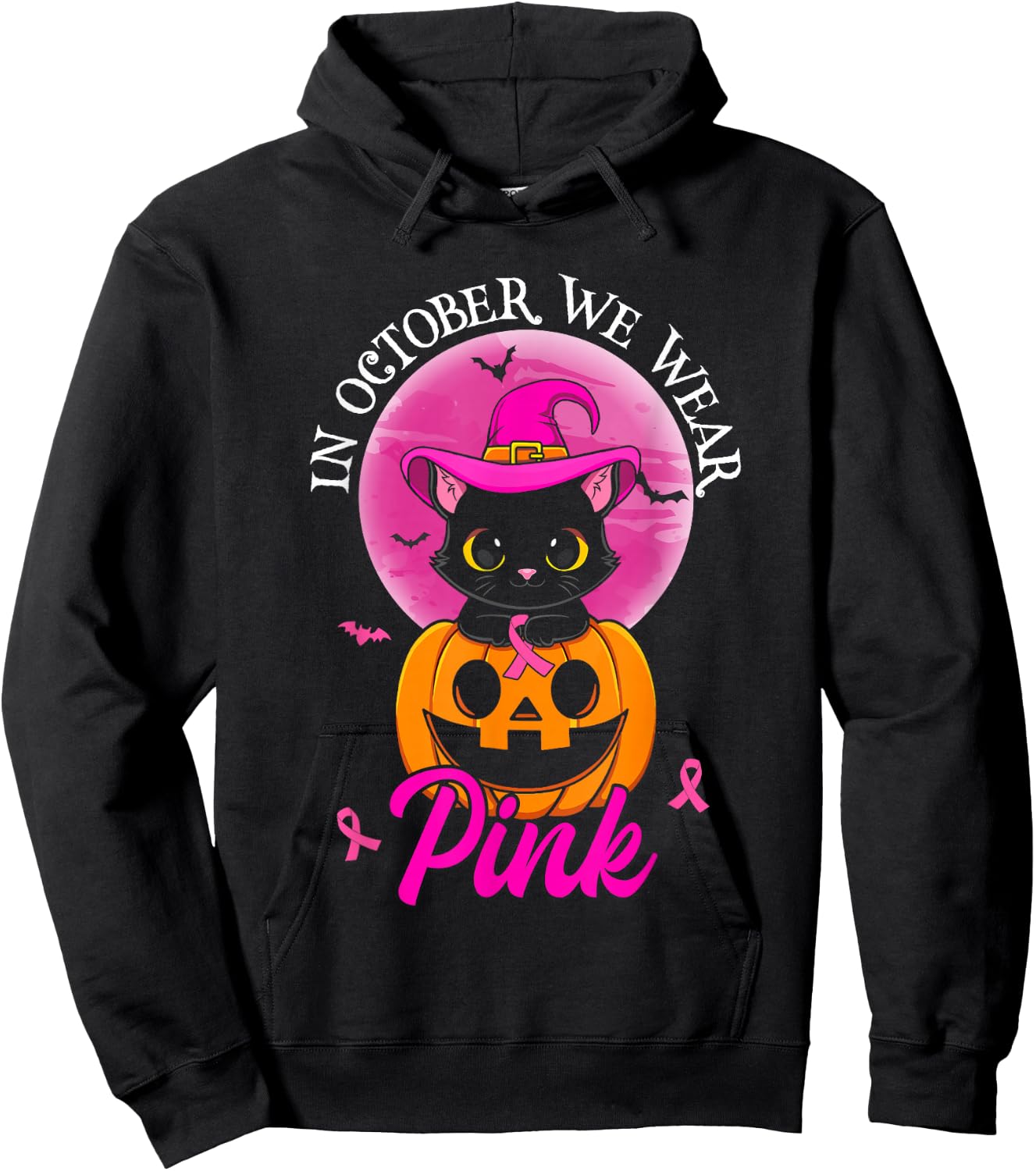 In October We Wear Pink Witch Cat Halloween Breast Cancer Women Girls Kids Hoodie - Hoodie | Black