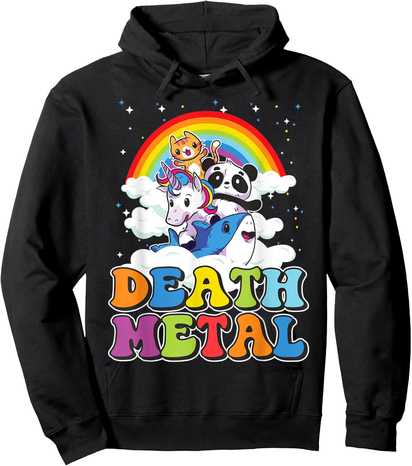 Retro Death Metal Cat Rainbow Unicorn Funny Heavy Metal Hoodie - Hoodie | Black