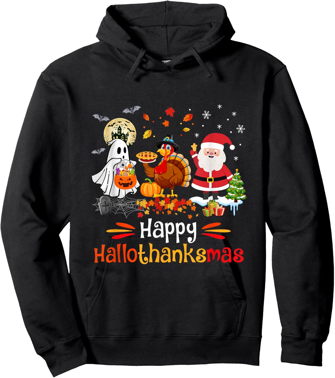 Happy Hallothanksmas Ghost Turkey Pumpkin Christmas Santa Hoodie - Hoodie | Black