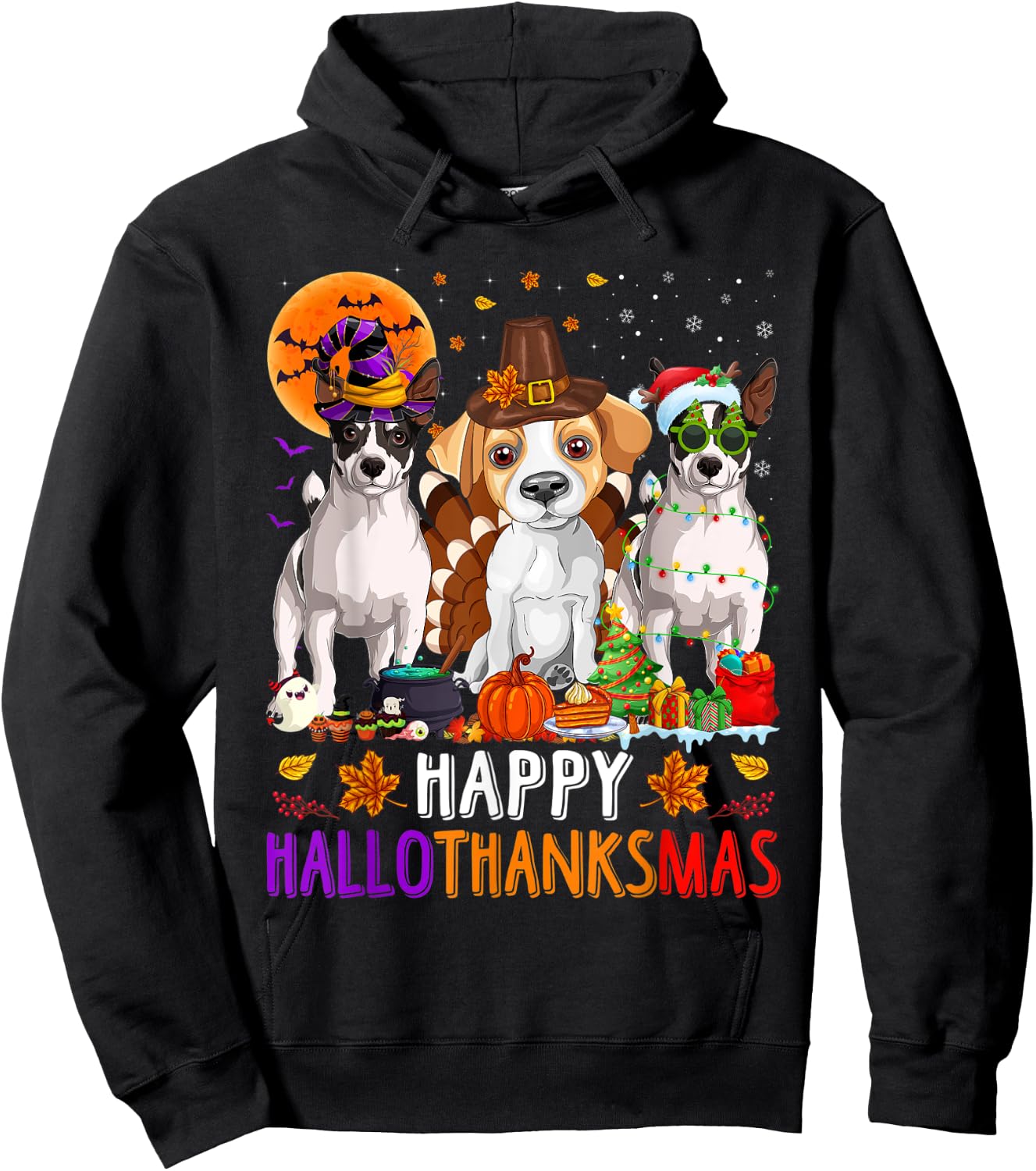 Happy Hallothanksmas Jack Russell Terrier Dog Halloween Xmas Hoodie - Hoodie | Black