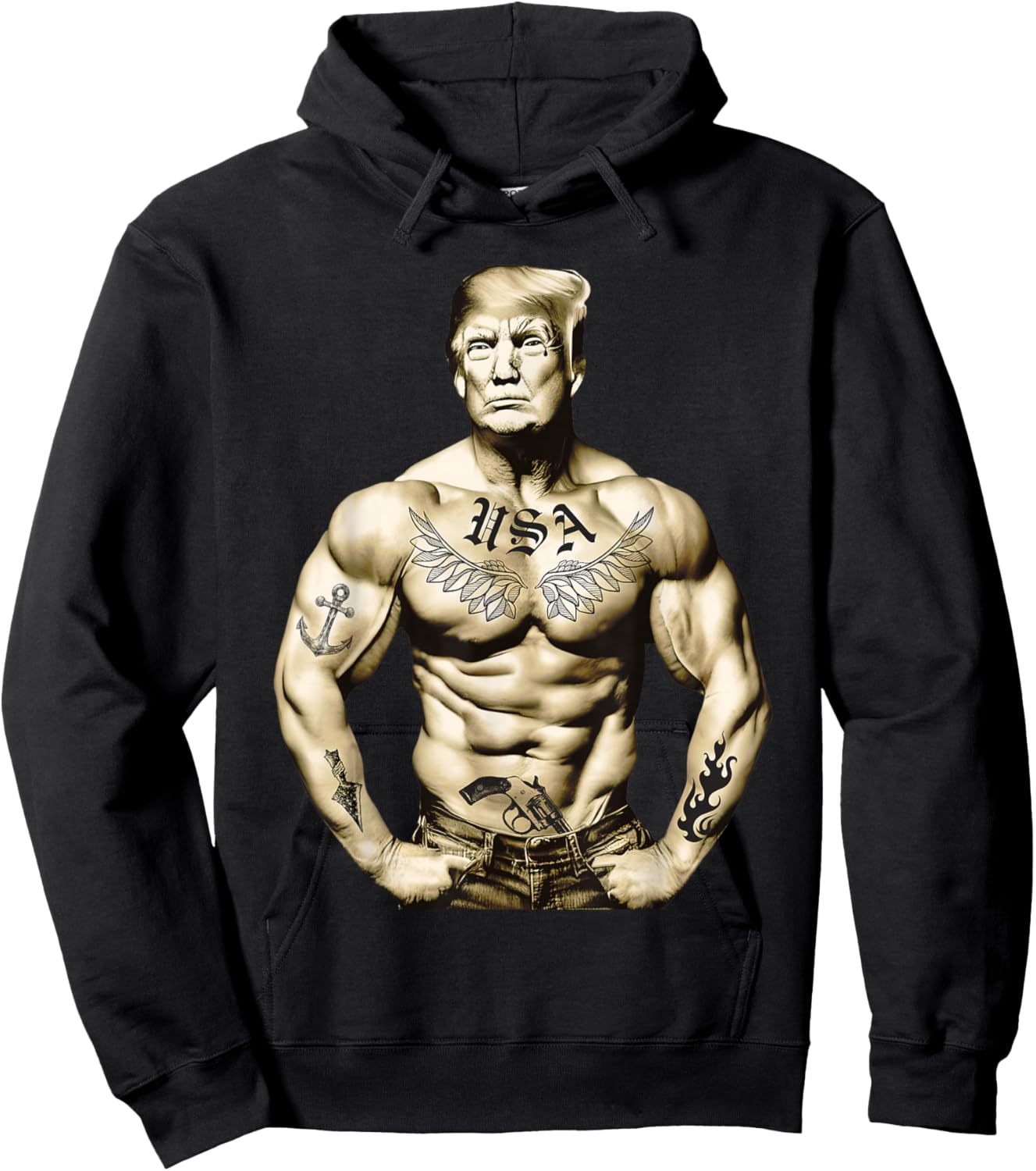 Funny Donald Trump Muscle Workout Tattoo Supporter 2024 Hoodie - Hoodie | Black