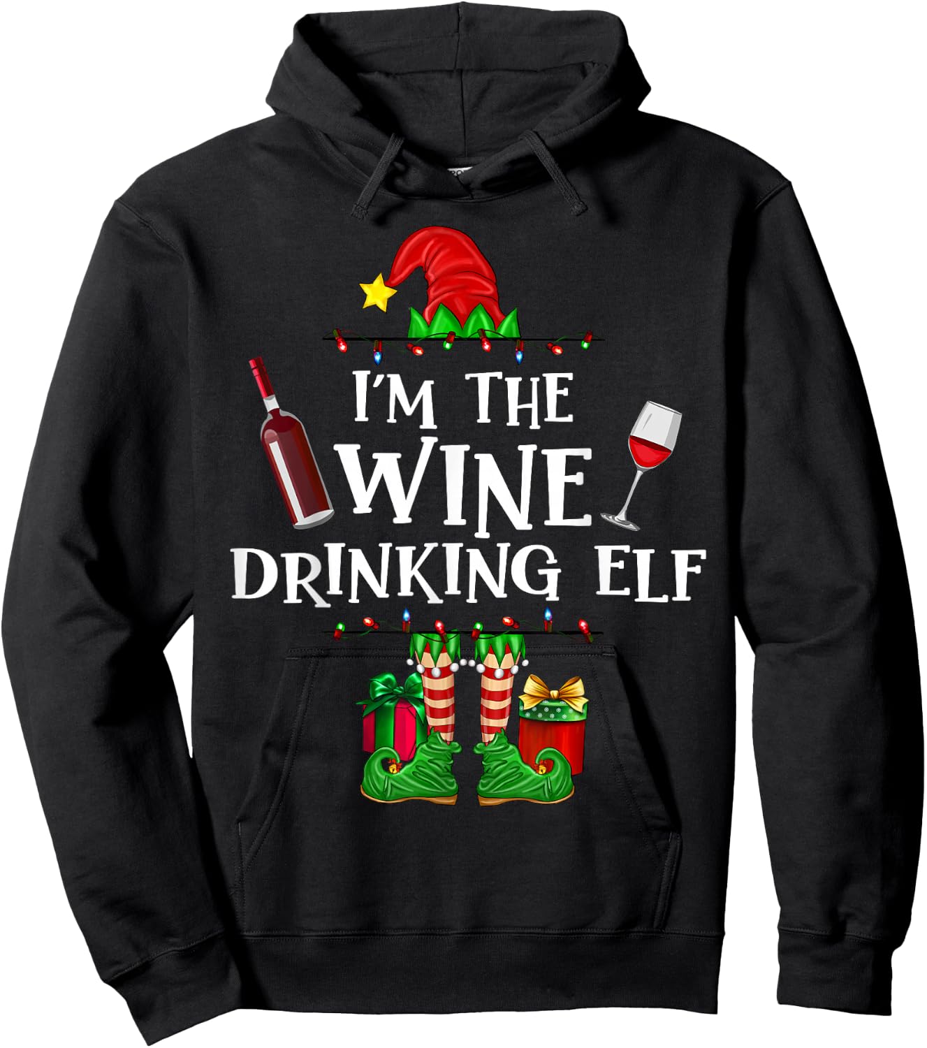 I'm The Wine Drinking Elf Funny Christmas Matching Pajama Hoodie - Hoodie | Black