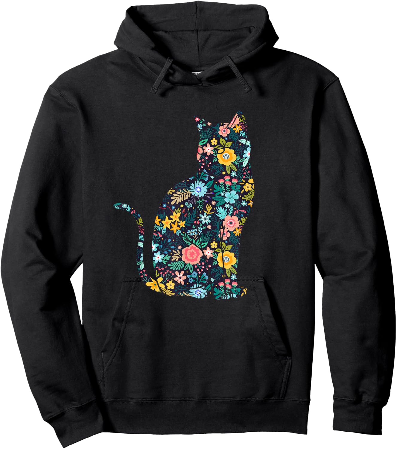 Floral Cat Silhouette Girls Graphic Hoodie - Hoodie | Black