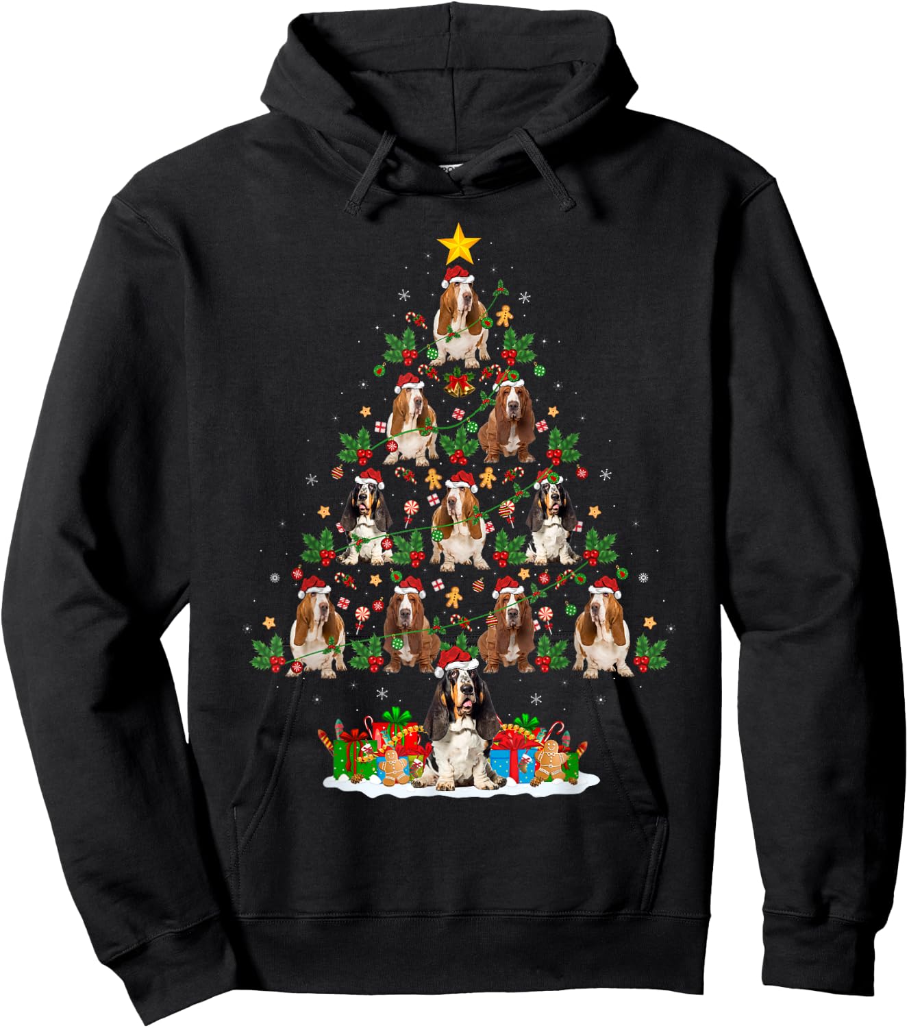 Lighting Xmas Holiday Santa Basset Hound Dog Christmas Tree Hoodie - Hoodie | Black