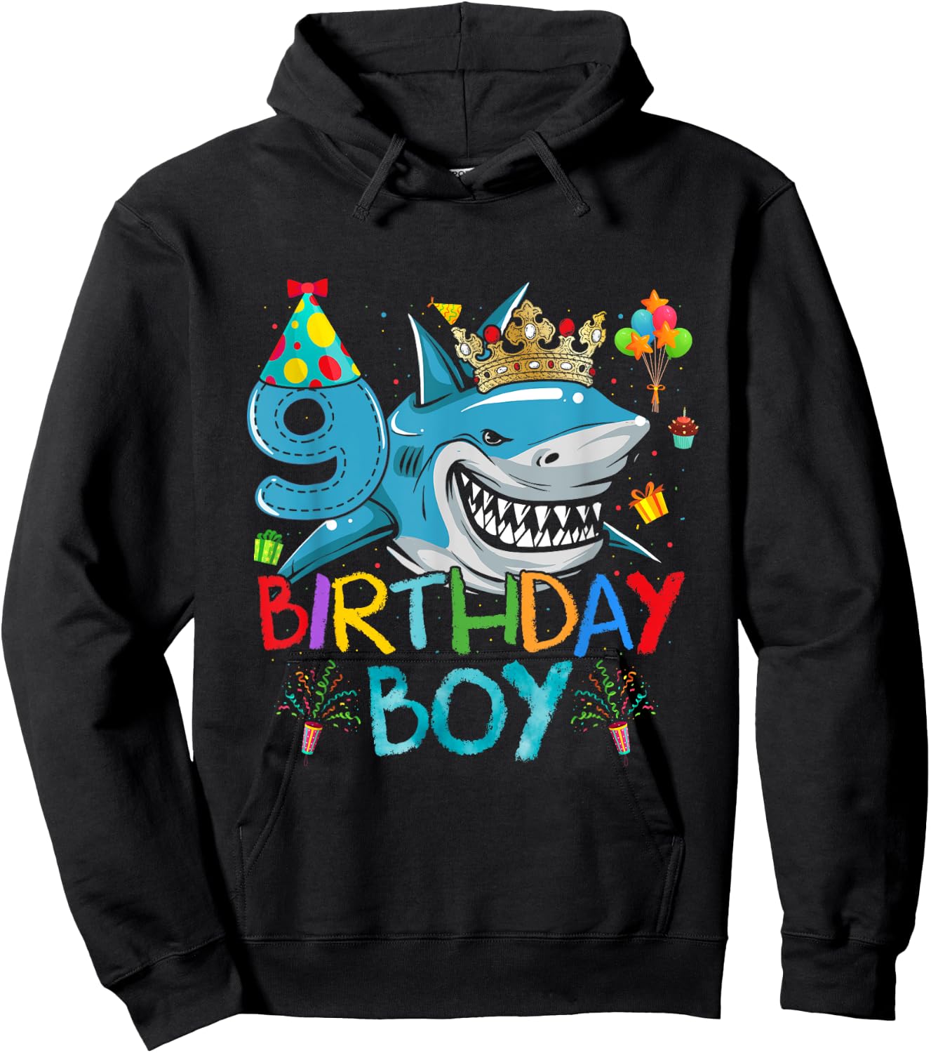 9th Birthday Shark Ocean Theme Party 9 Years Old For Boy Hoodie - Hoodie | Black
