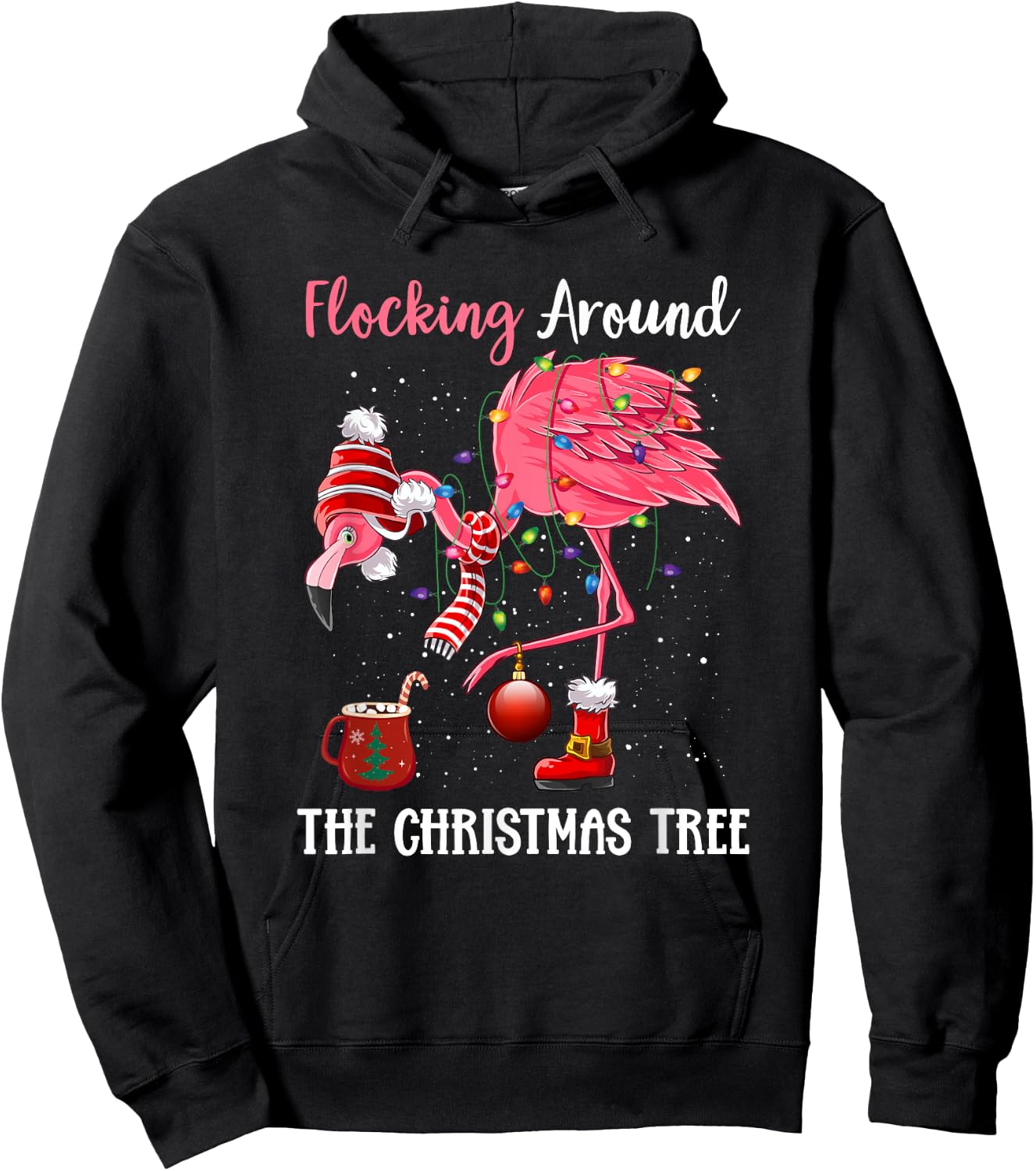 Flocking Around The Christmas Tree Xmas Pjs Pink Flamingo Hoodie - Hoodie | Black