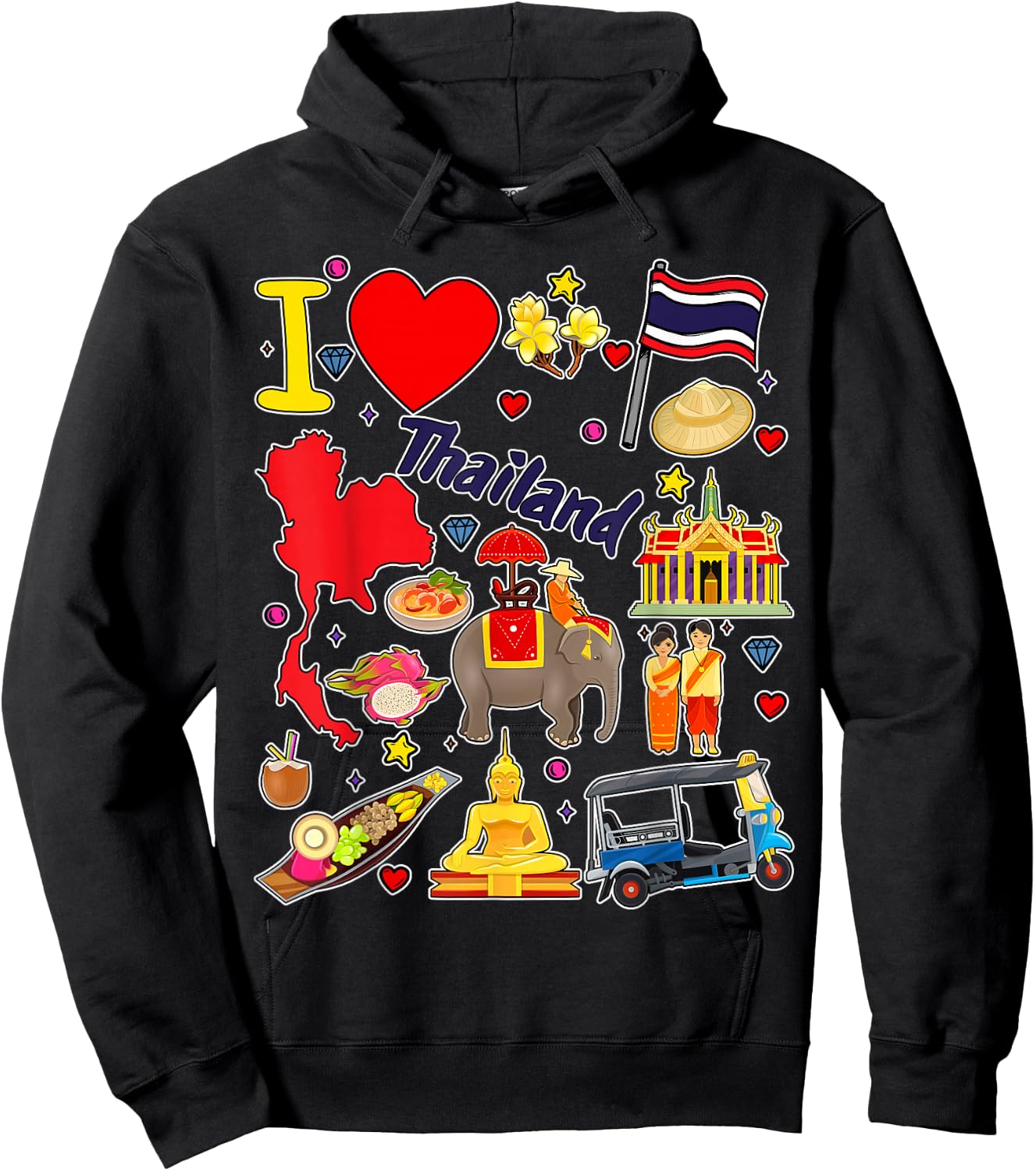 Thai hand drawn landmarks, Thailand map, Culture icons Hoodie - Hoodie | Black
