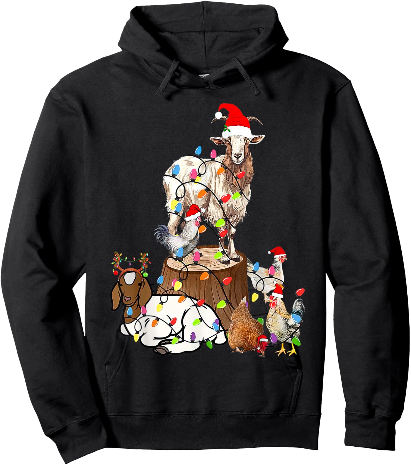 Goat Chicken Santa Hat Reindeer Funny Christmas Lights Farm Hoodie - Hoodie | Black