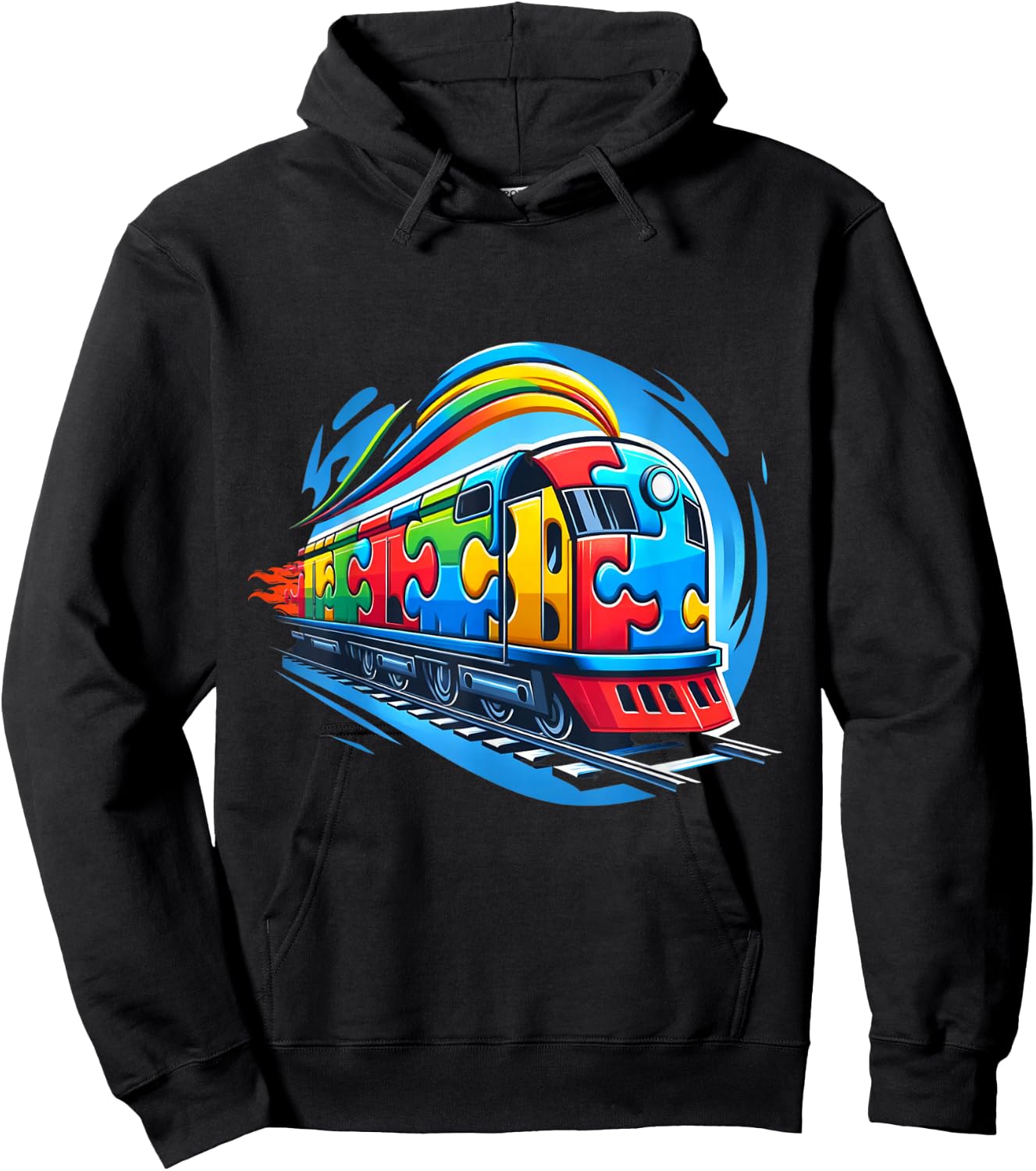 Autism Rainbow Puzzle Piece Train Acceptance Awareness Hoodie - Hoodie | Black