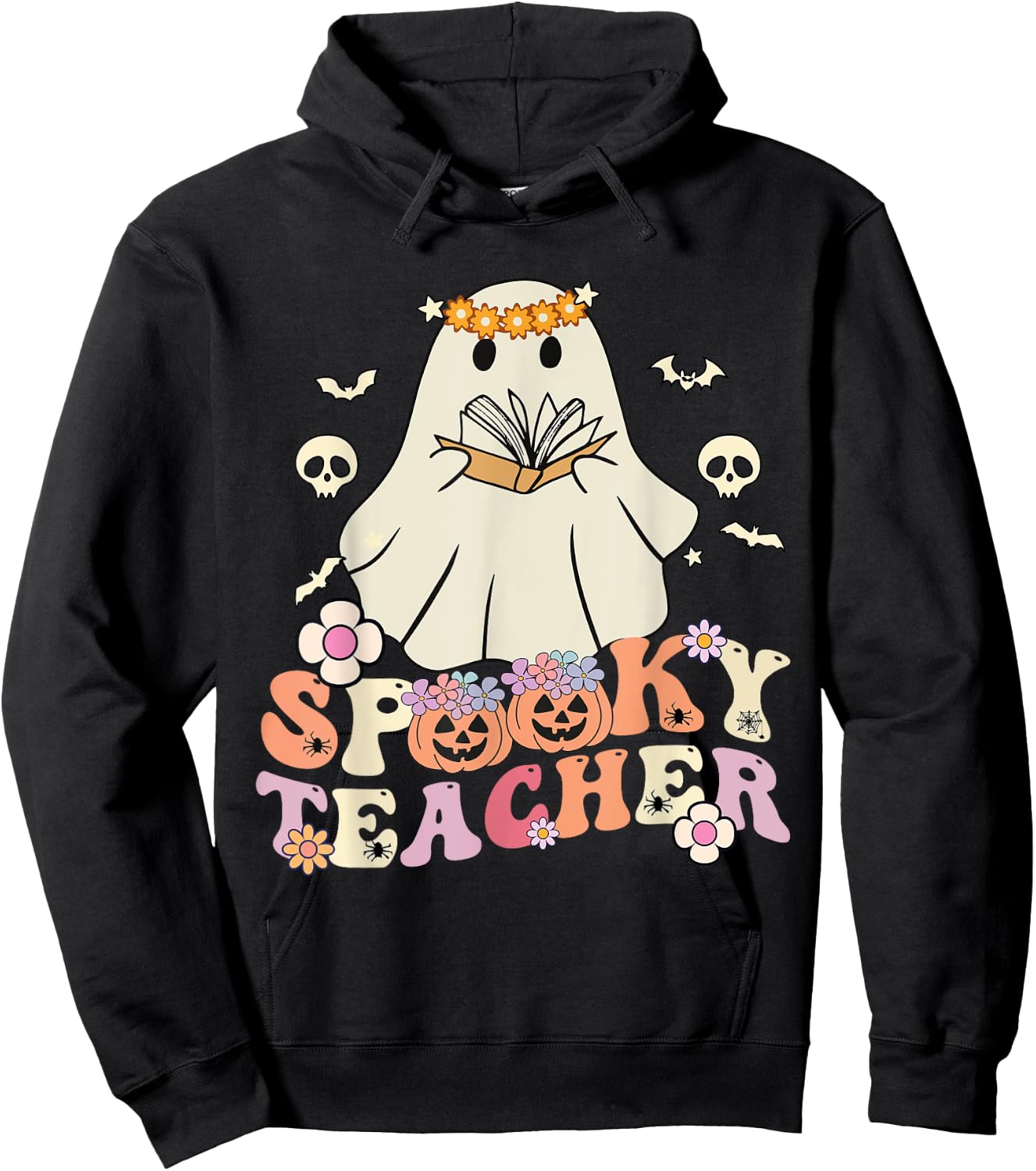 Spooky Teacher Groovy Retro Ghost Teacher Halloween 2023 Women Kids Hoodie - Hoodie | Black