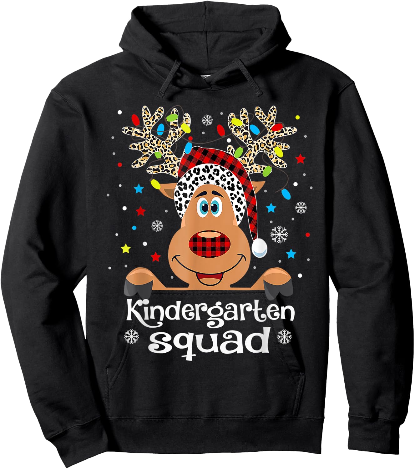 Kindergarten Squad Plaid Reindeer Santa Hat Teacher Men Women Kids Hoodie - Hoodie | Black