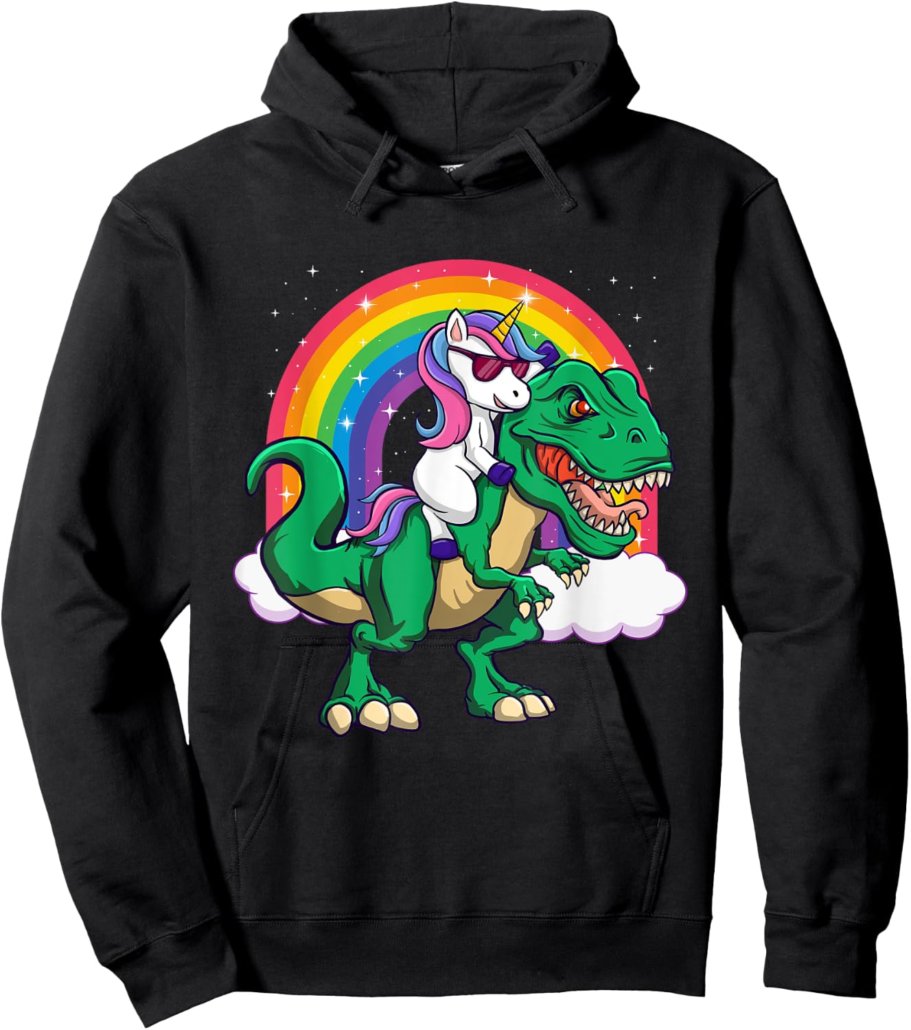 Unicorn Riding Dinosaur - Mythical Animal Rainbow Unicorn Hoodie - Hoodie | Black