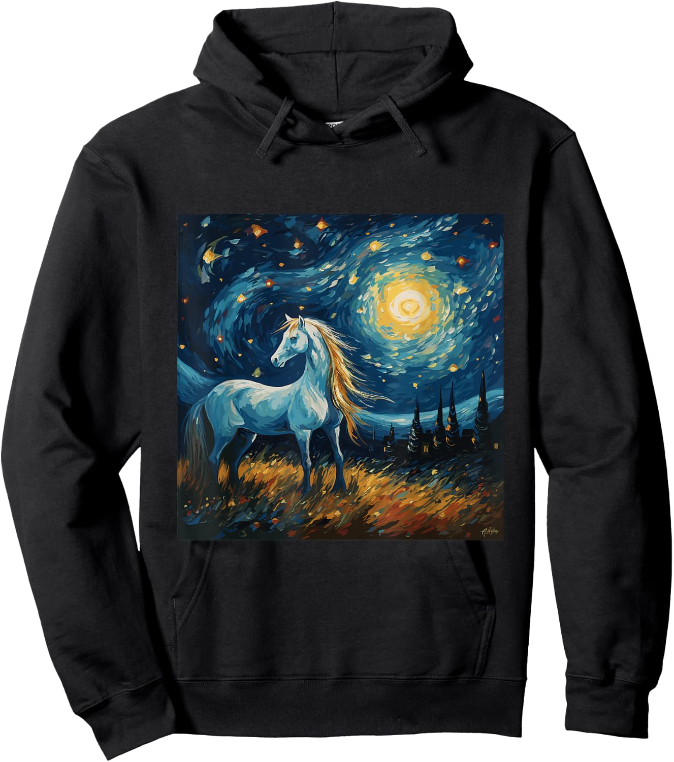Horse in Starry Night Van Gogh inspired Art for Horses Lover Hoodie - Hoodie | Black