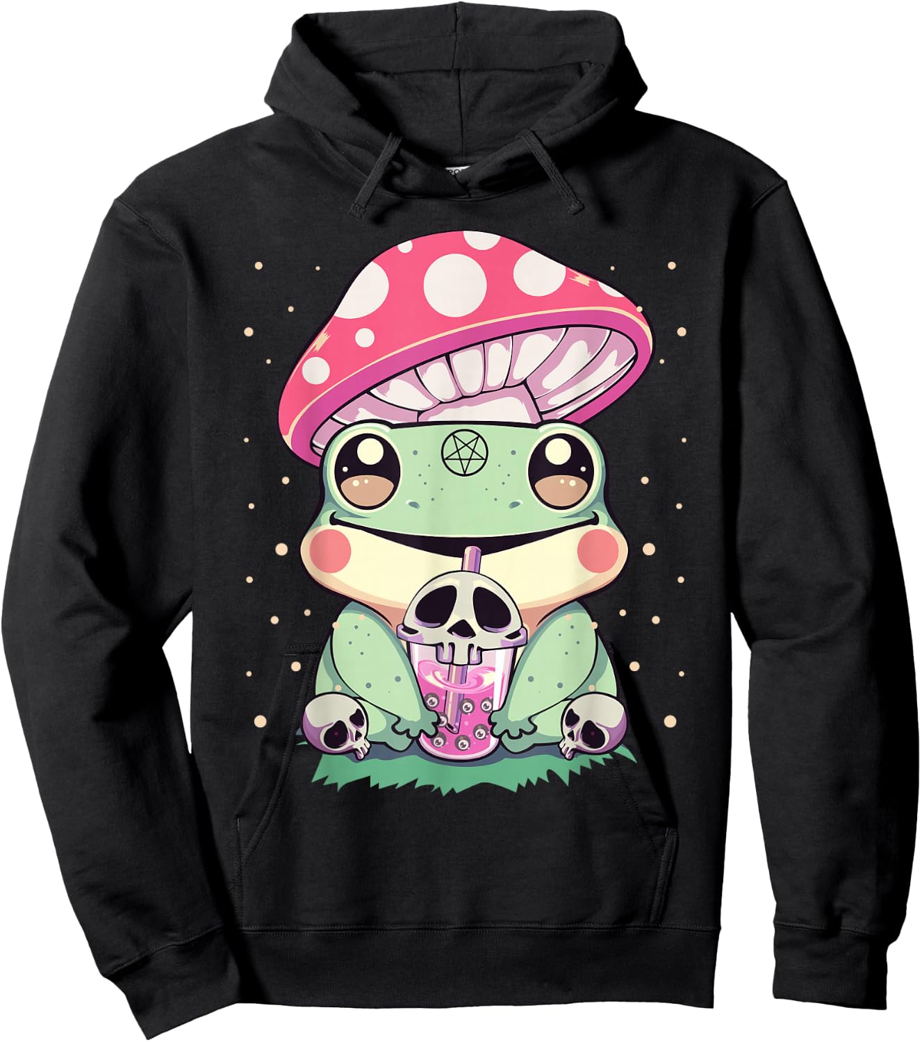 Pastel Goth Kawaii Frog Boba Tea and Mushroom Frog Hoodie - Hoodie | Black