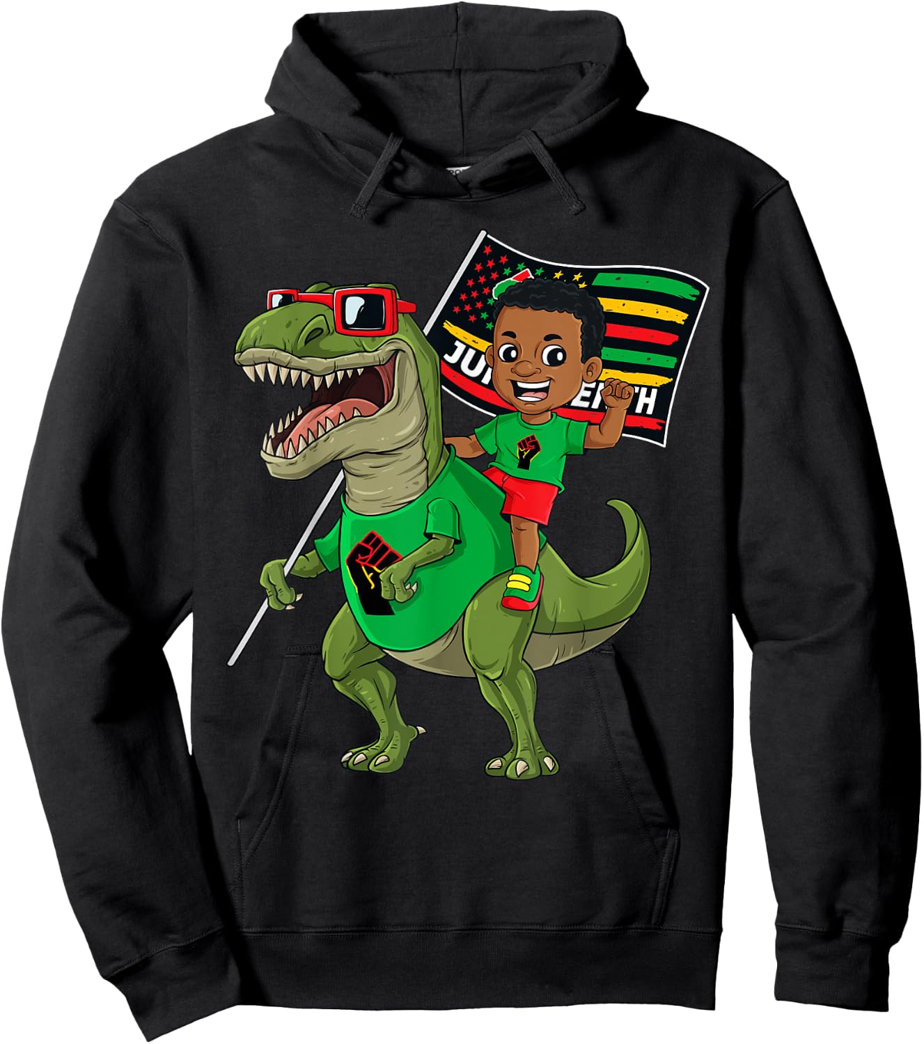 Juneteenth Black King Riding T Rex Dino Funny Boys Kids Flag Hoodie - Hoodie | Black