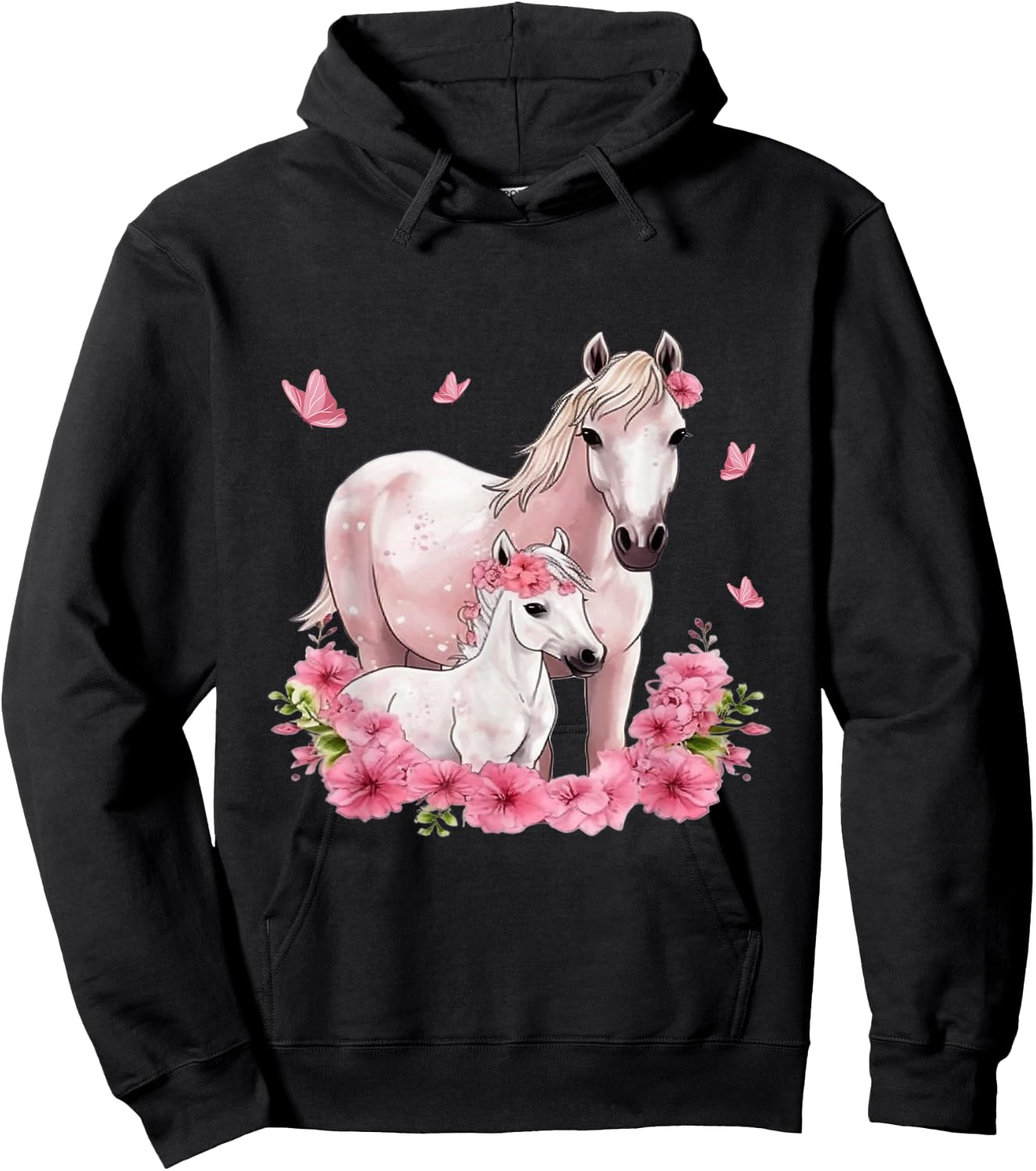 Horse with Foal - Flowers and Butterflies Hoodie - Hoodie | Black