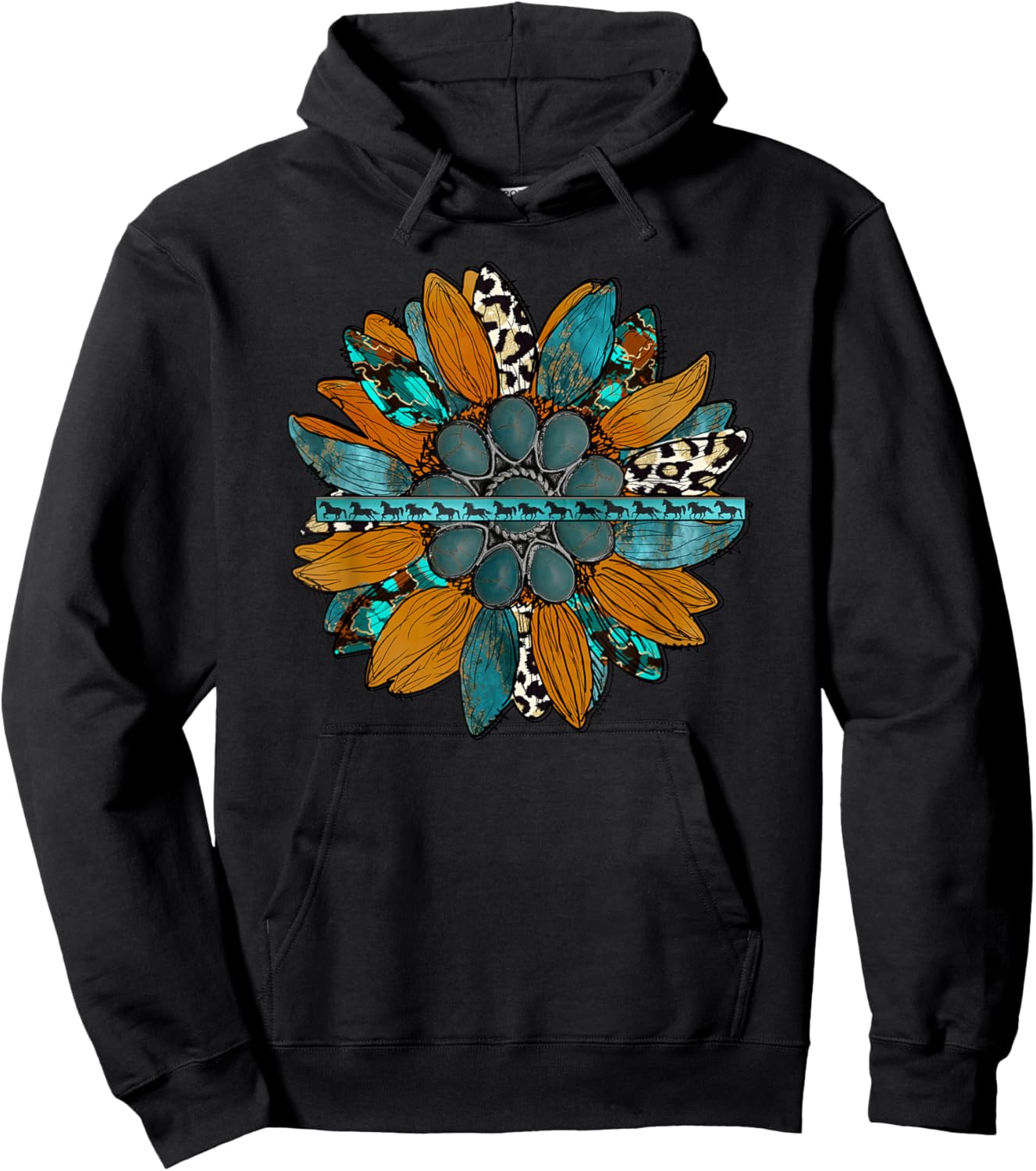 Country Western Sunflower Earth Tones Cowhide Teal Hoodie - Hoodie | Black