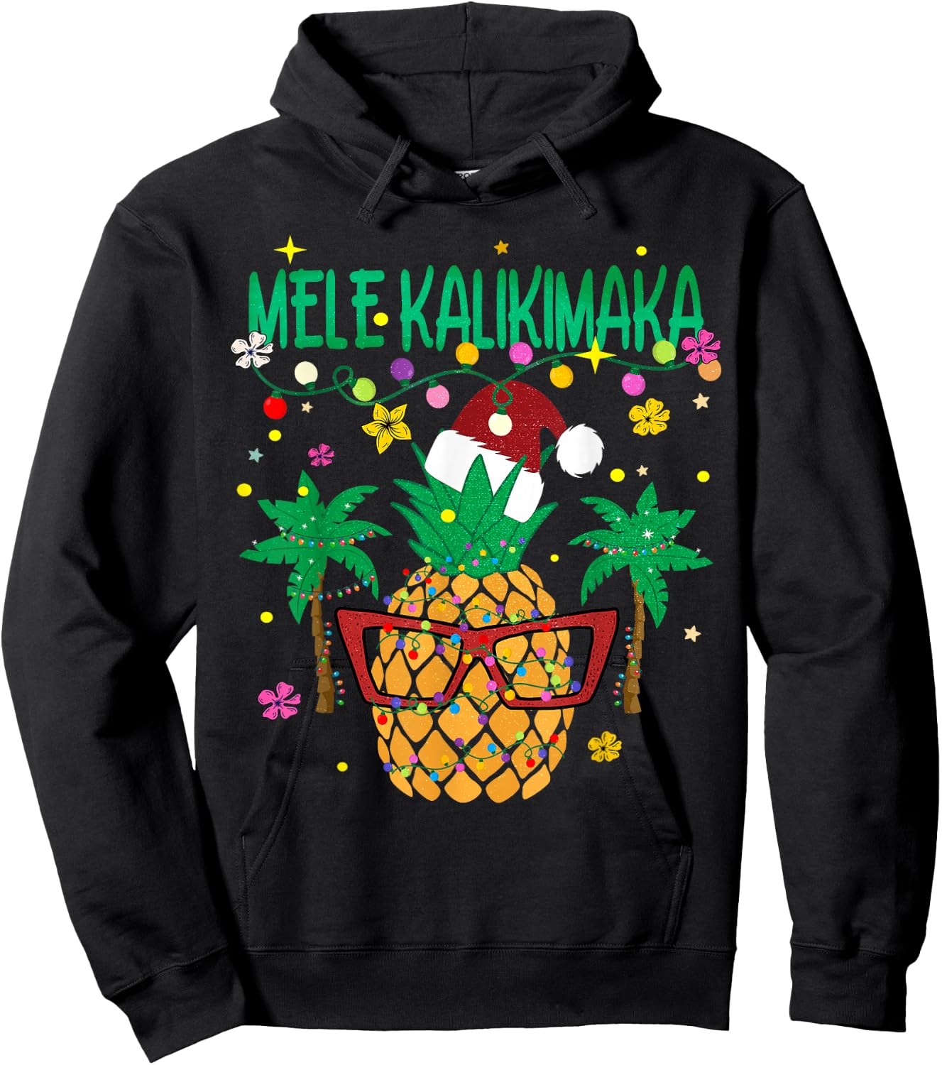 Mele Kalikimaka Xmas Lights Santa Hawaiian Pineapple Hoodie - Hoodie | Black