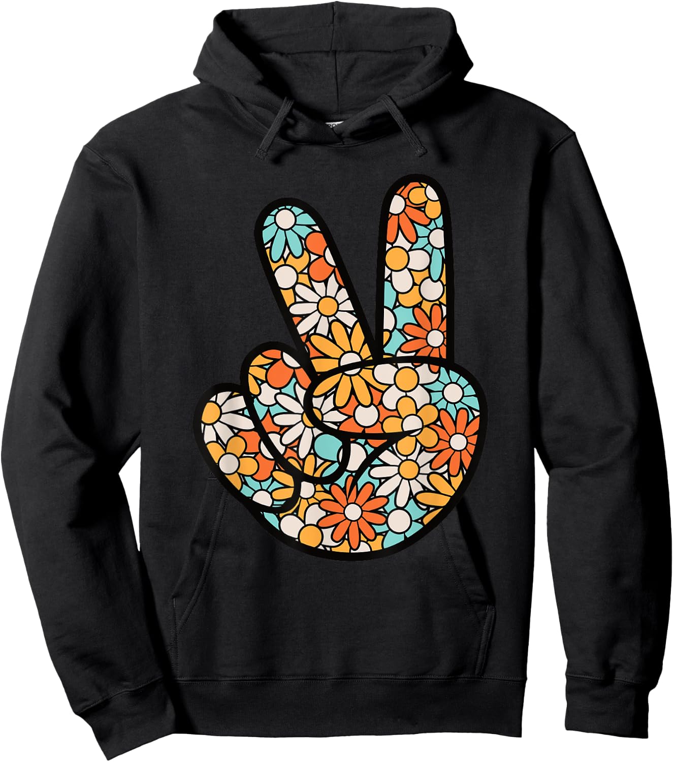 Peace Hand Sign Hippie Flower Groovy 60s 70s Party Outfit Hoodie - Hoodie | Black