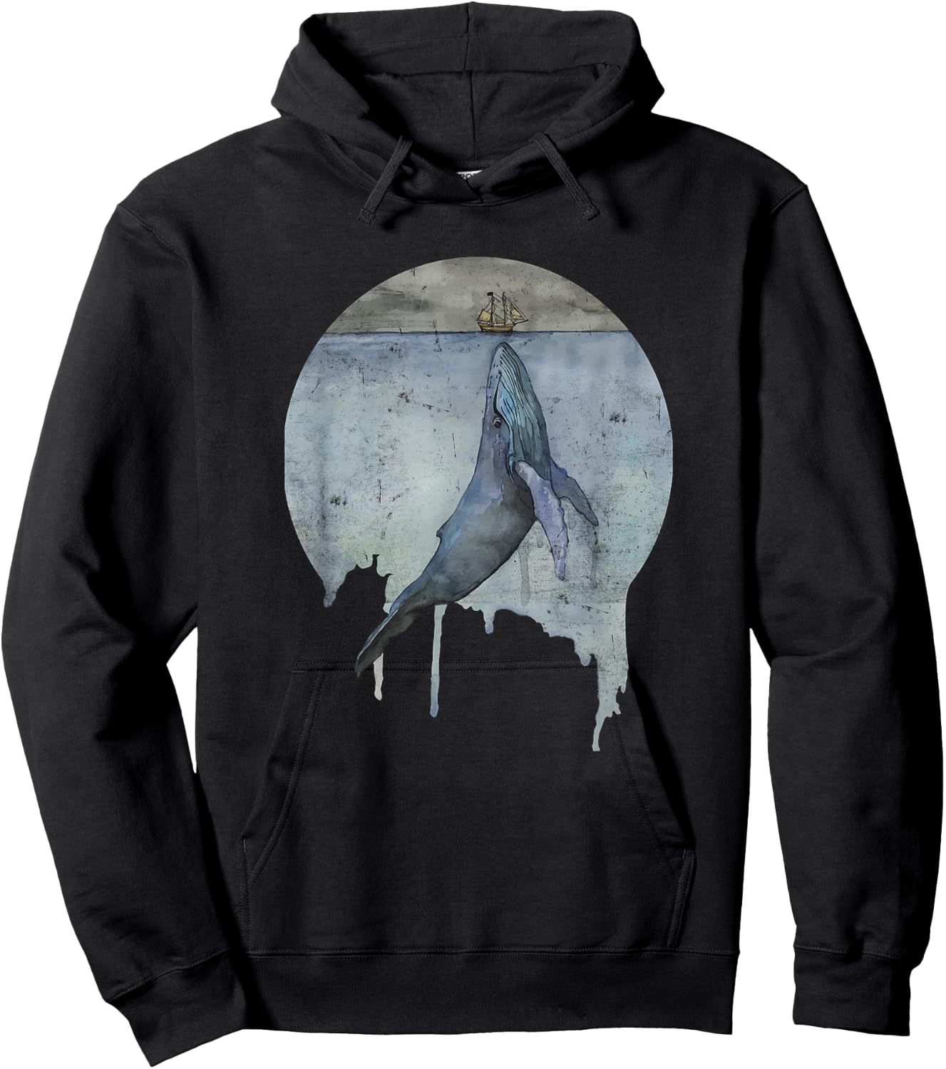 Humpback Whale Ship At Sea Distressed Watercolor Ocean Sea Hoodie - Hoodie | Black