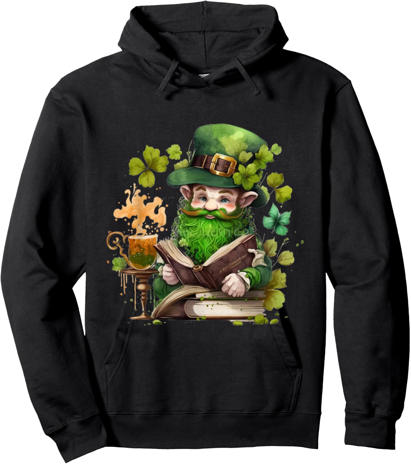 leprechaun Reading Books shamrock saint Patrick's day Hoodie - Hoodie | Black