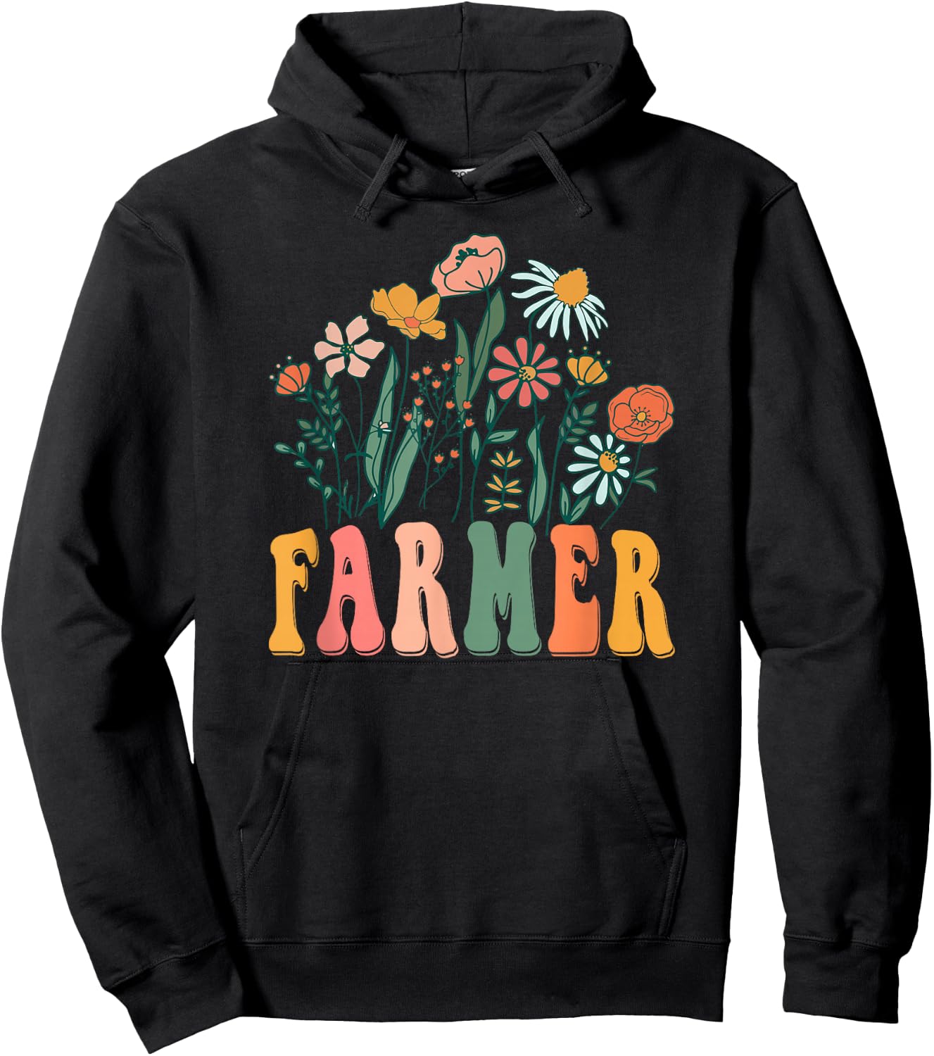 Retro Groovy floral Farmer Wildflower Hoodie - Hoodie | Black
