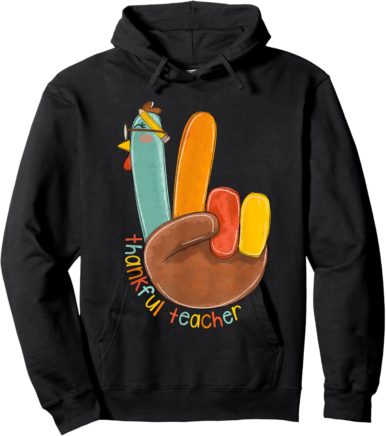 One Thankful Teacher Thanksgiving Turkey Peace Hand Sign Hoodie - Hoodie | Black
