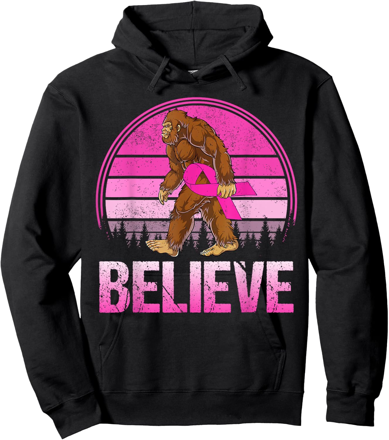 Retro Believe Breast Cancer Bigfoot & Pink Ribbon Sasquatch Hoodie - Hoodie | Black