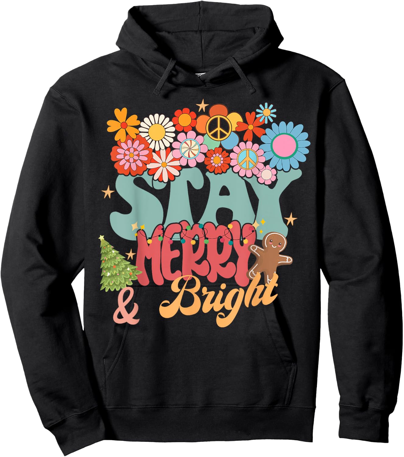 Retro Groovy Peace Stay Christmas Merry Bright Hippie Santa Hoodie - Hoodie | Black