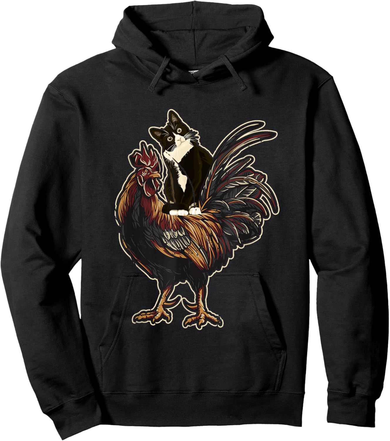 Black Cat Riding a Chicken Rooster Funny Animal Farming Men Women Girls Kids Hoodie - Hoodie | Black