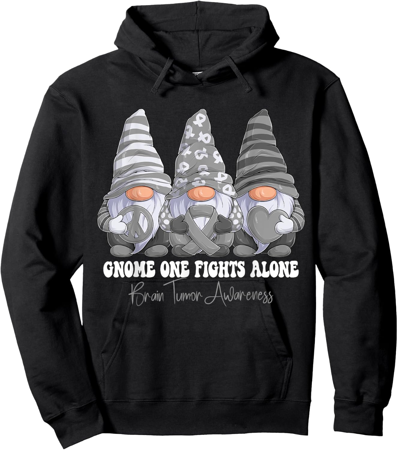 Brain Tumor Awareness Month Gray Ribbon Gnomies Support Hoodie - Hoodie | Black