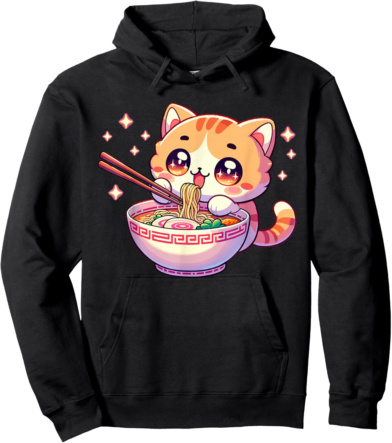 Japanese Kawaii Kitten Anime Cat Eating Ramen Women Girls Hoodie - Hoodie | Black