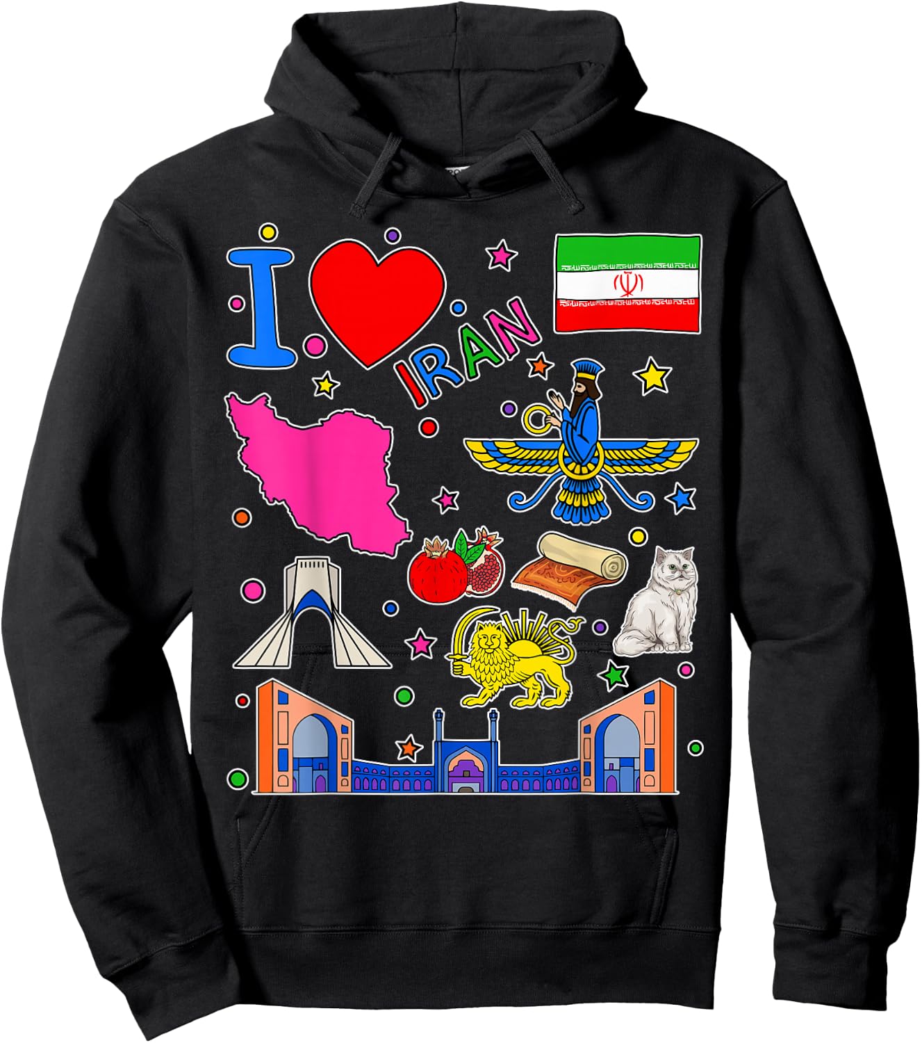 Iranian hand drawn landmarks, Iran map, Culture icons Hoodie - Hoodie | Black