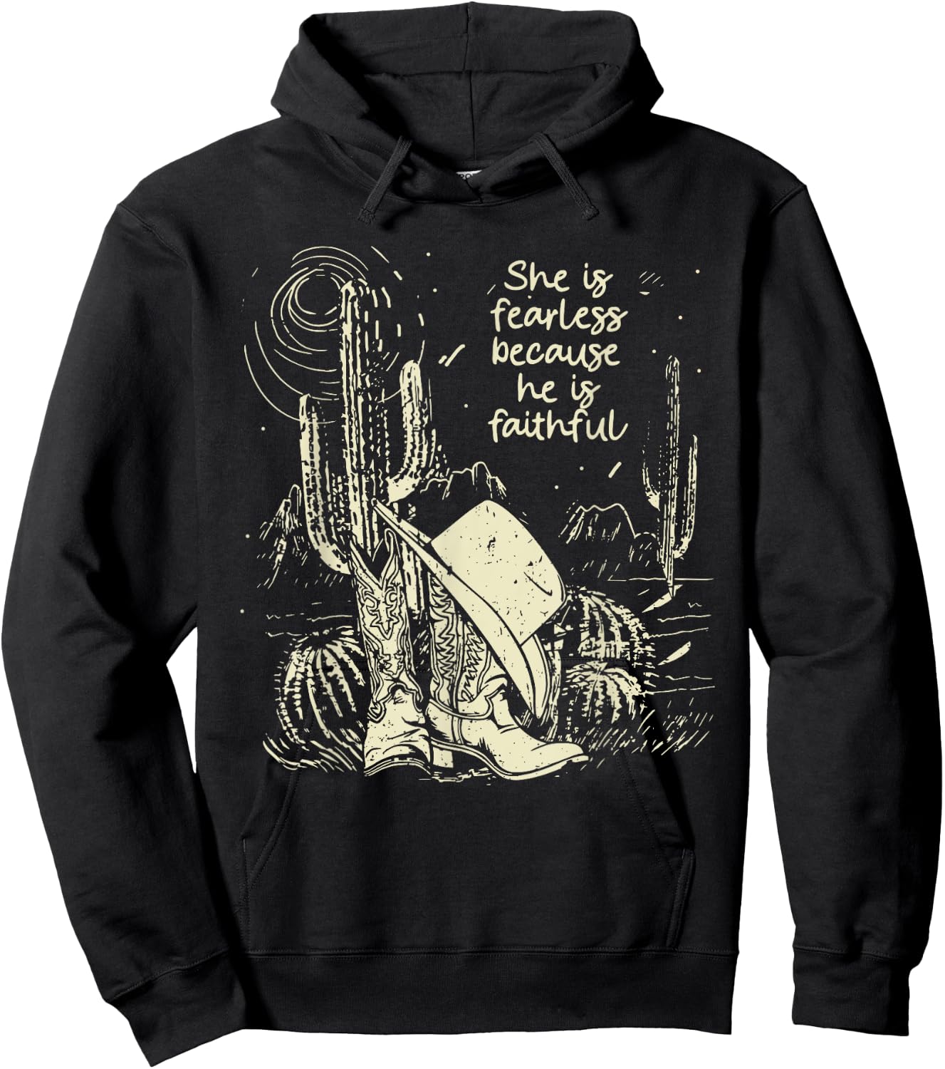 She Is Fearless Because He Is Faithful Boot Cowgirl Hoodie - Hoodie | Black
