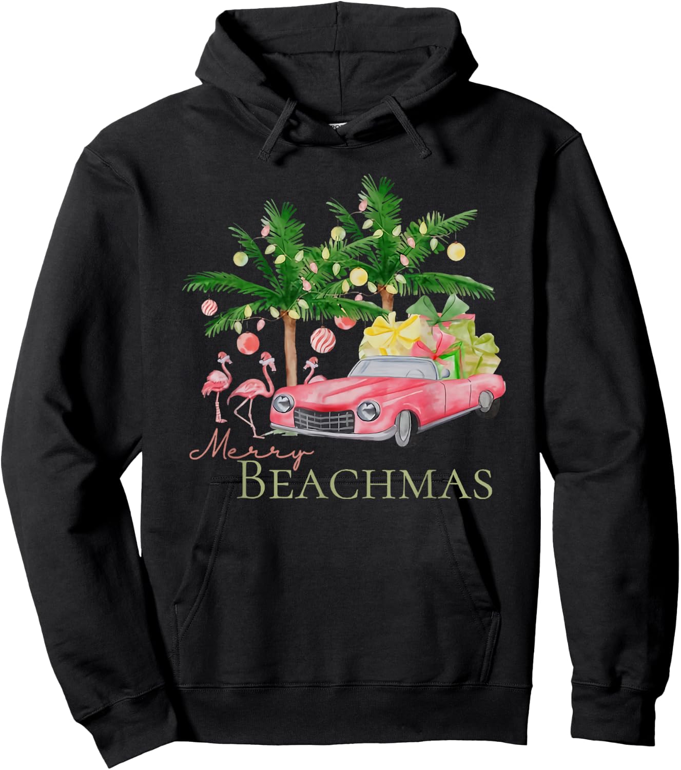 Merry Beachmas Tropical Christmas Santa Flamingo Hawaii Men Women Hoodie - Hoodie | Black
