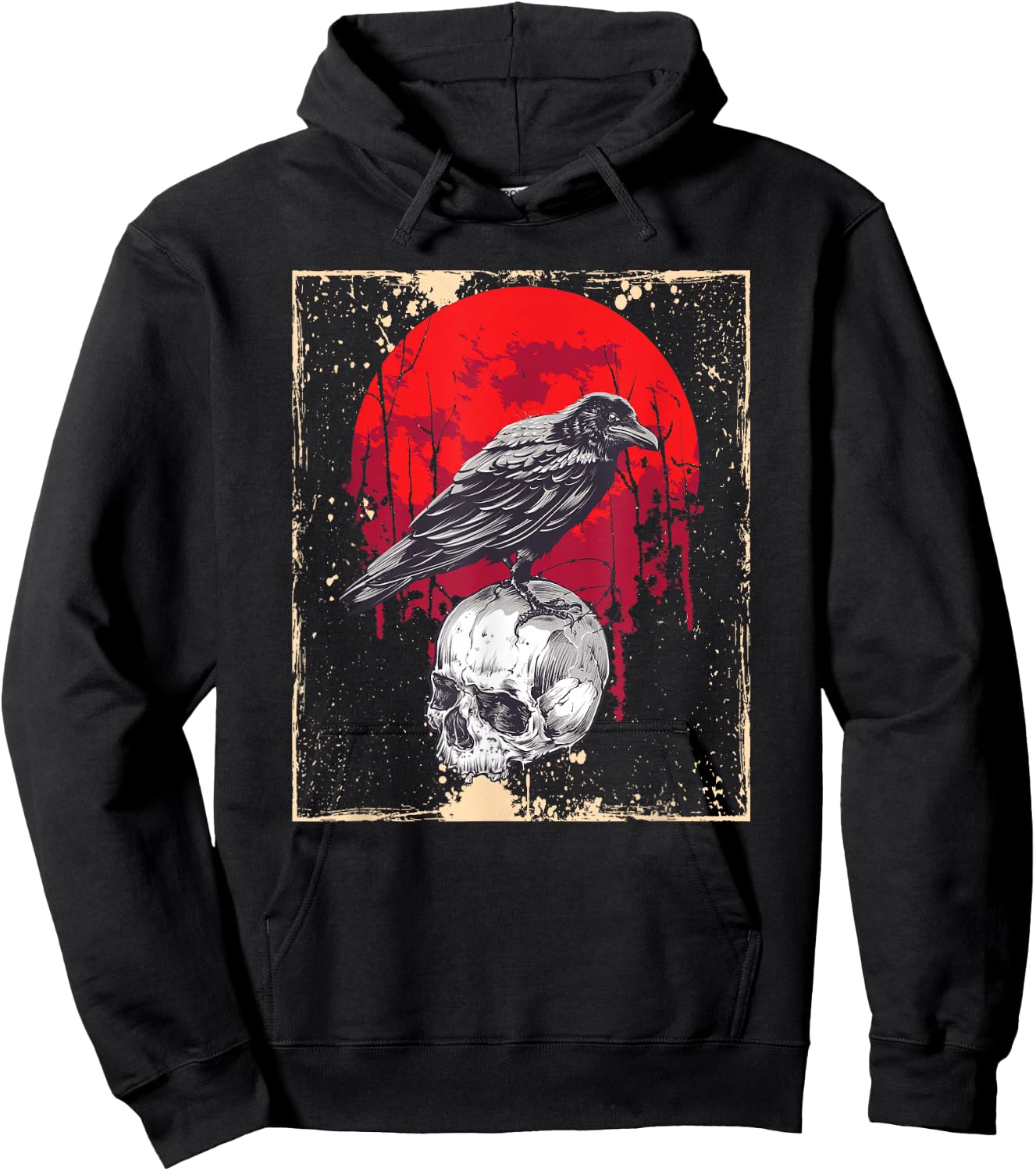 Gothic Raven Skull Red Moon Black Crow Hoodie - Hoodie | Black