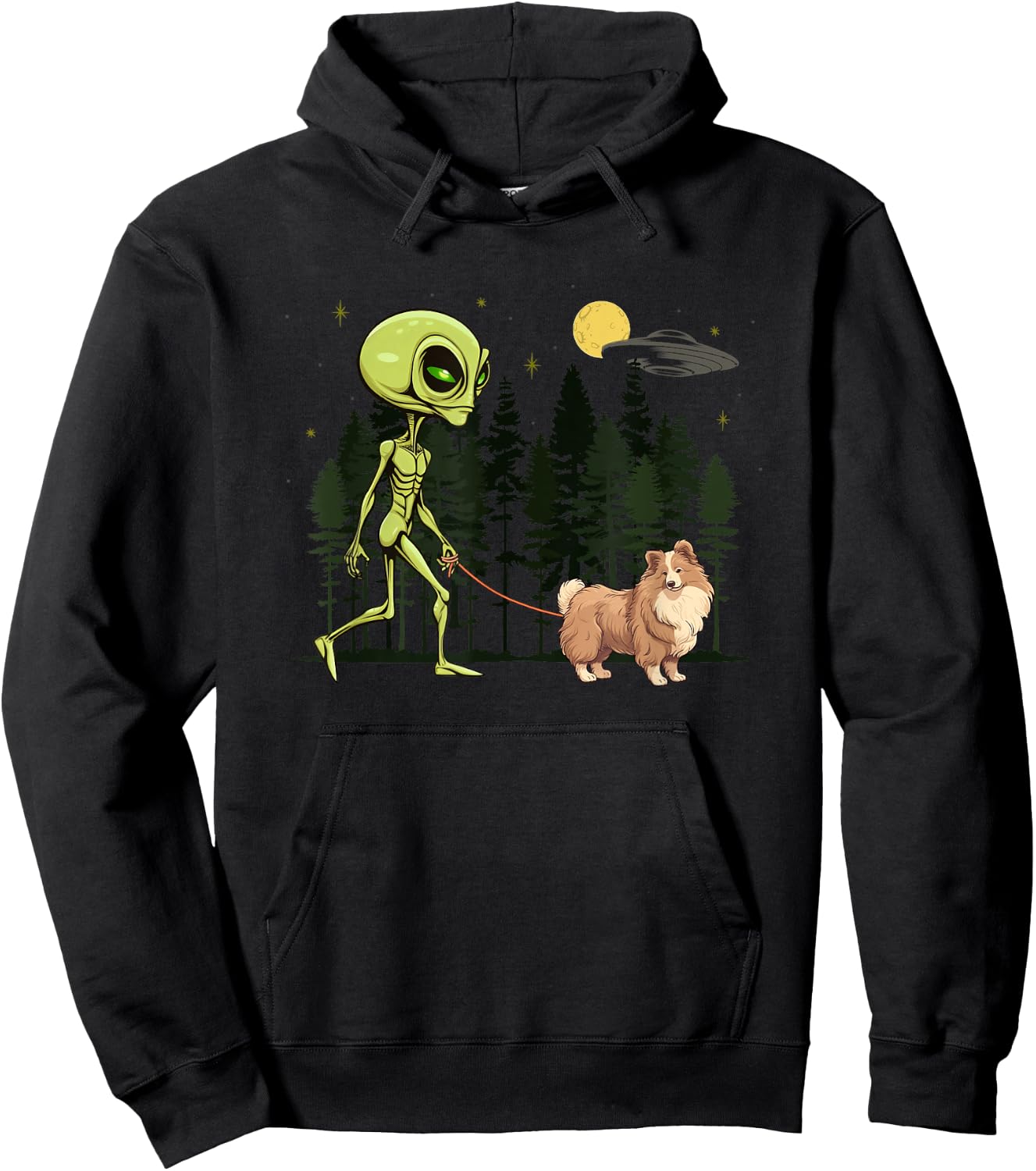 Funny Shetland Sheepdog Sheltie Alien Walking UFO Pet Dog Women Kids Hoodie - Hoodie | Black