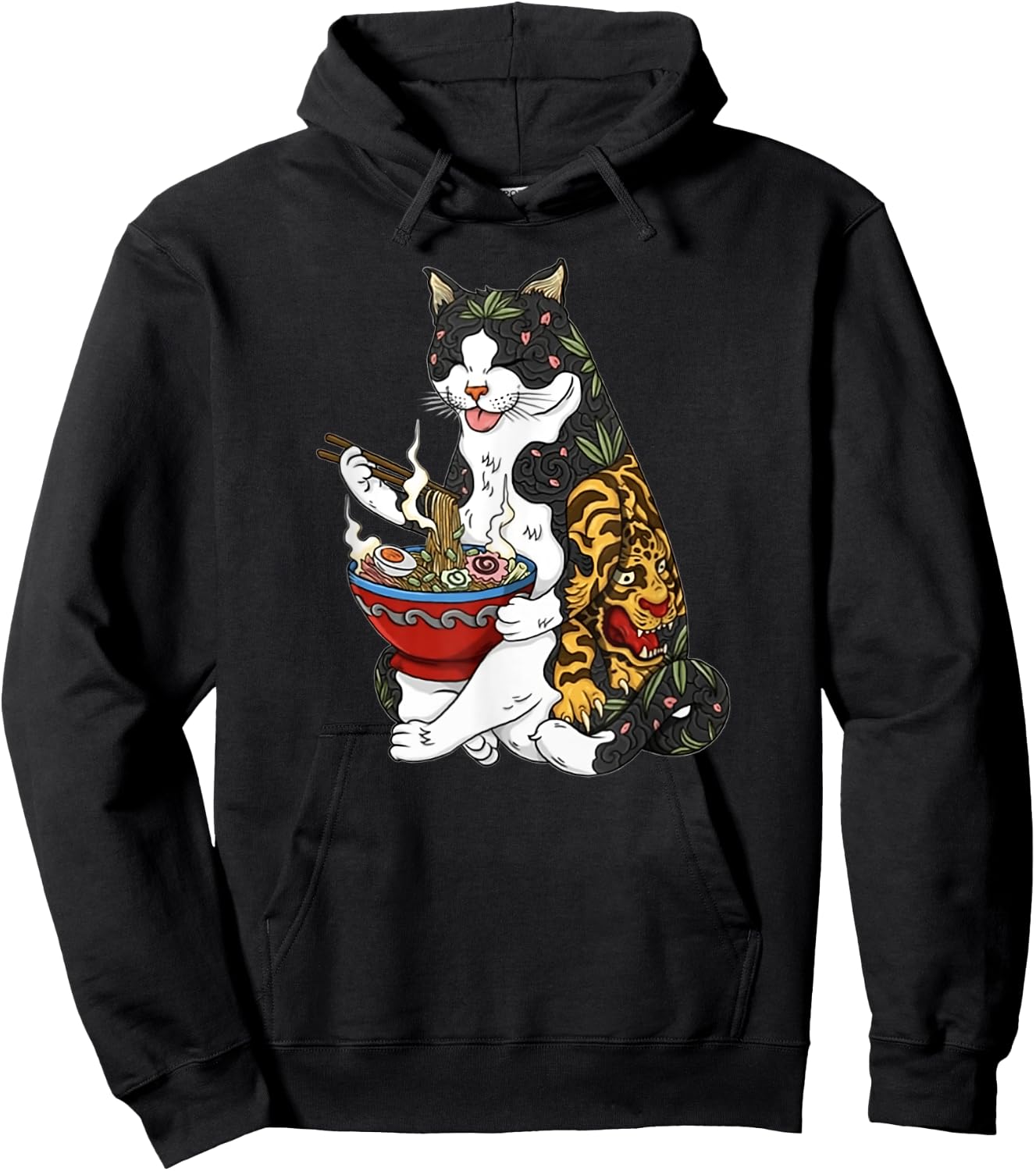 Cat eating noodle 90s retro Hoodie - Hoodie | Black