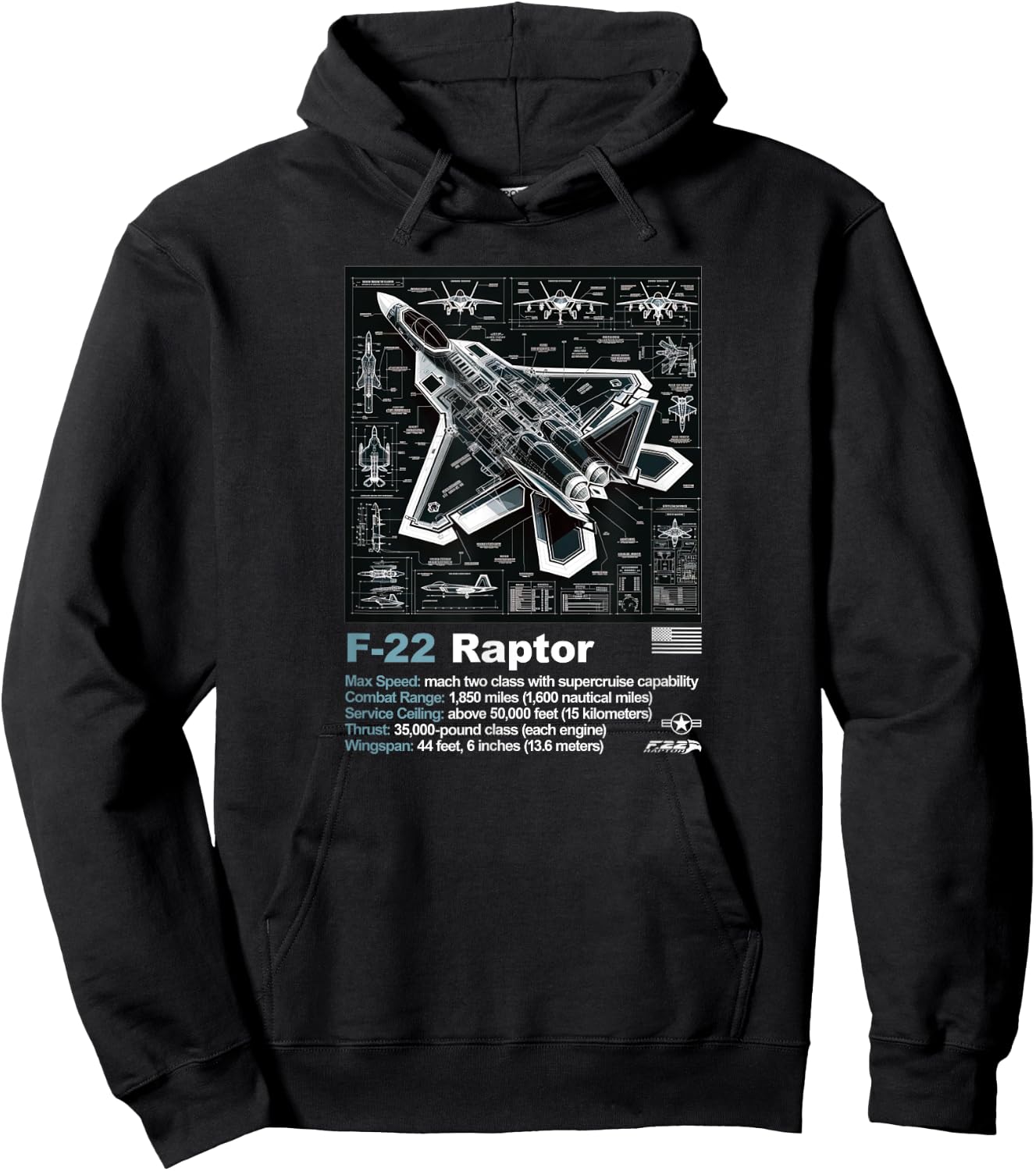 F22 Raptor Fighter Jet Blueprint Technical Drawing & Specs Hoodie - Hoodie | Black