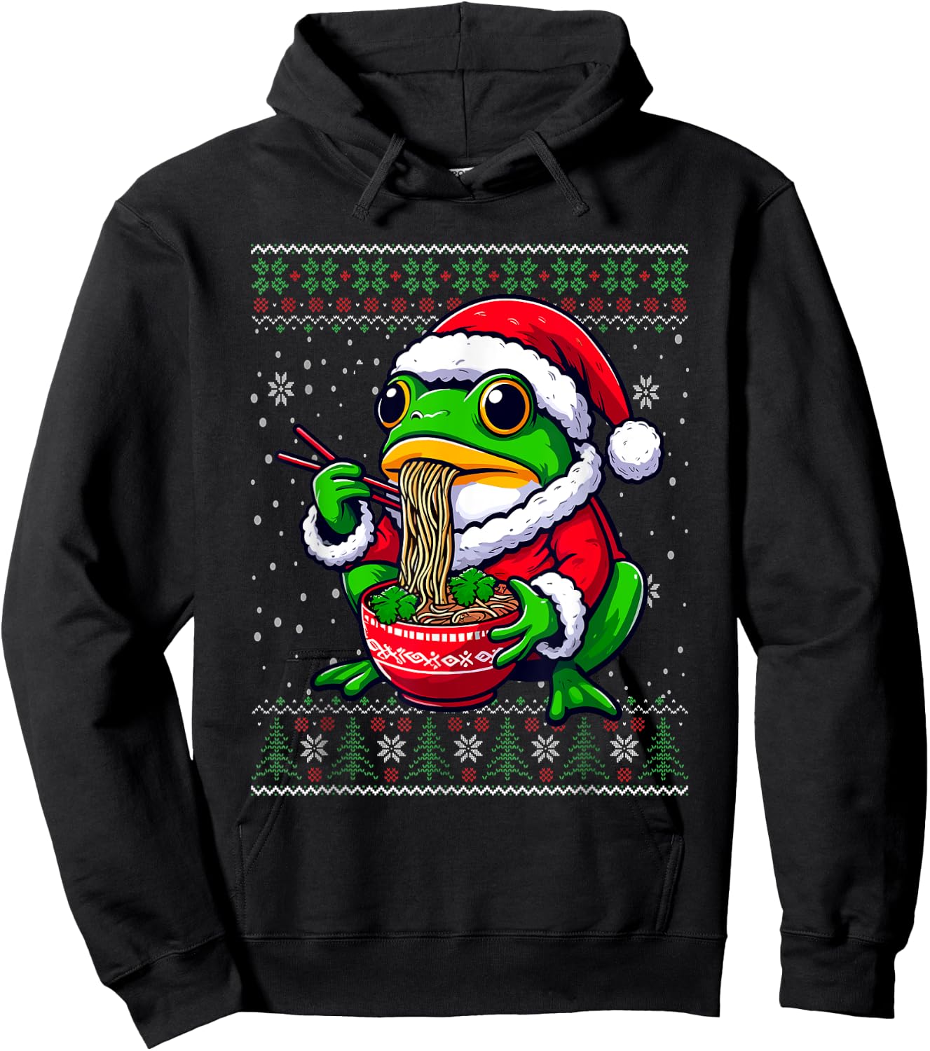 Christmas Frog Eating Ramen Ugly Christmas Sweater Hoodie - Hoodie | Black