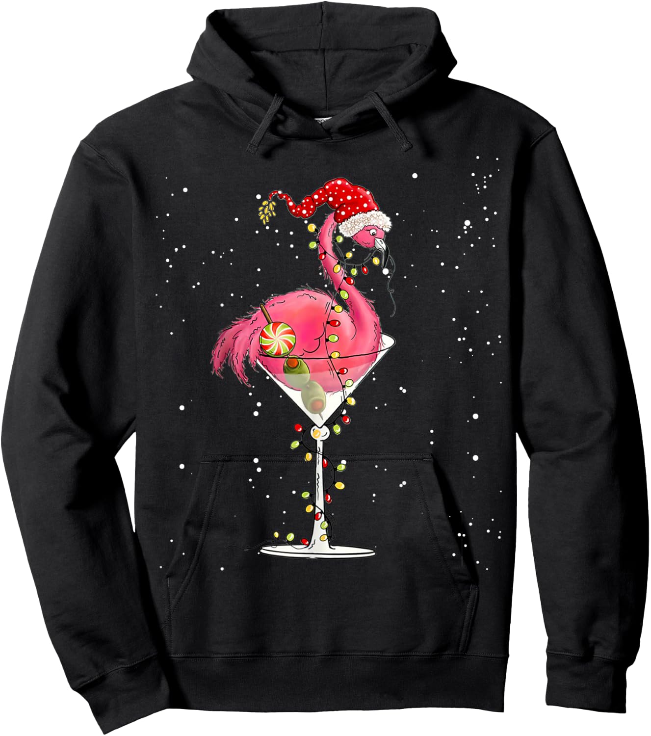 Merry Christmas Pink Flamingo Wine Drinking Lights Xmas Tree Hoodie - Hoodie | Black