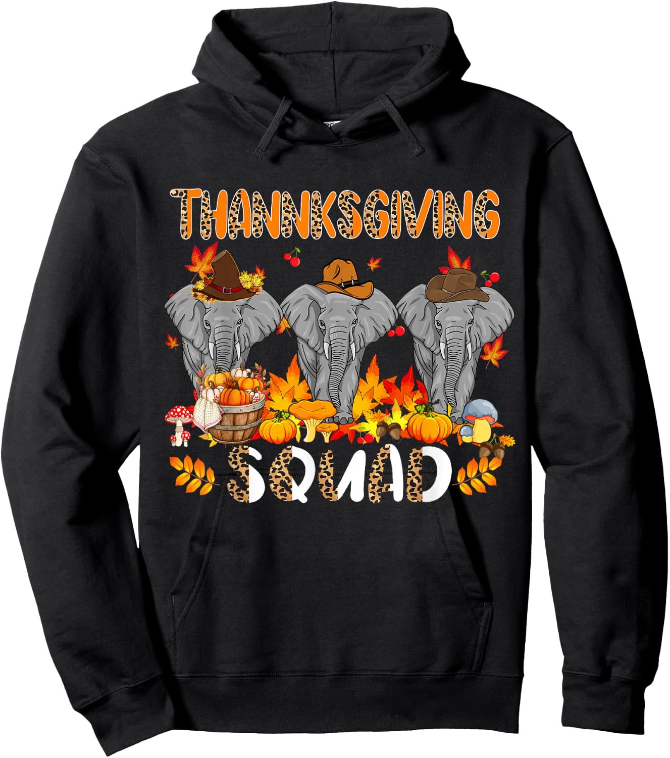 Thanksgiving Squad Leopard Three Fall Elephants Wearing Hat Hoodie - Hoodie | Black