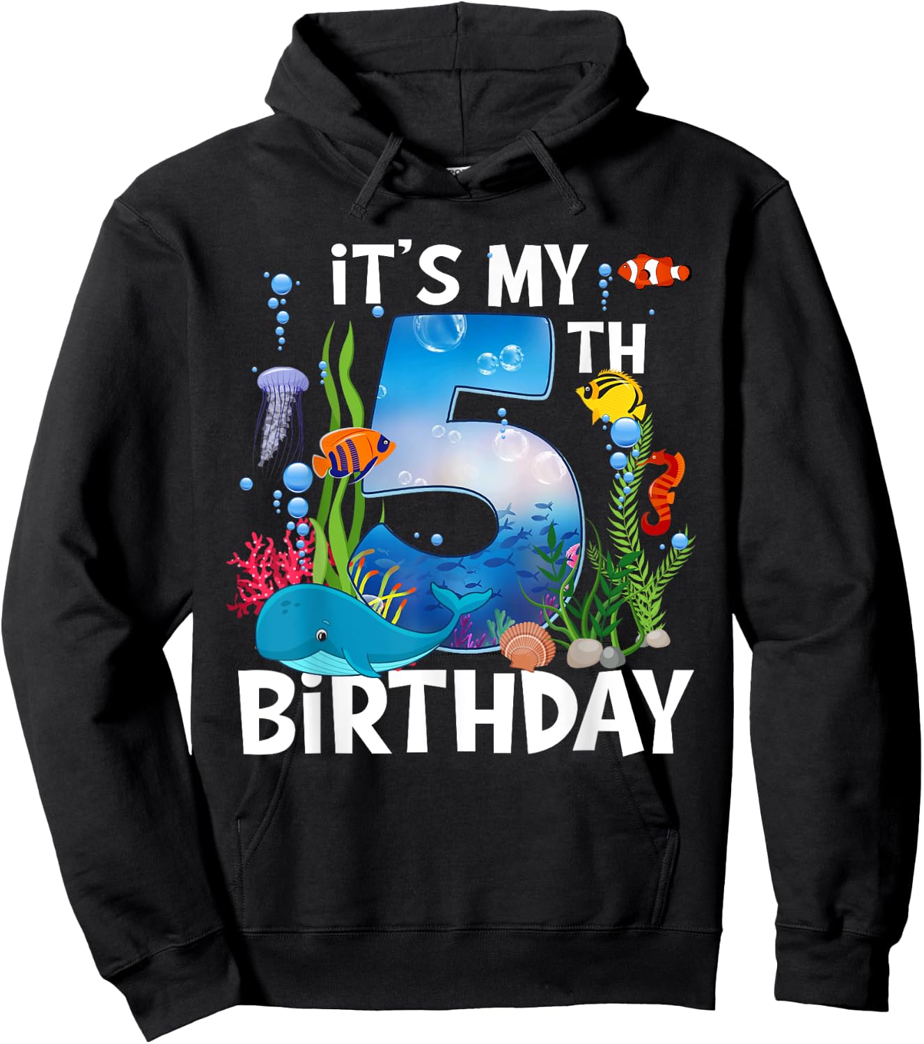 Kids 5 Year Old Ocean Life Whale Dolphin Shark 5th Birthday Hoodie - Hoodie | Black