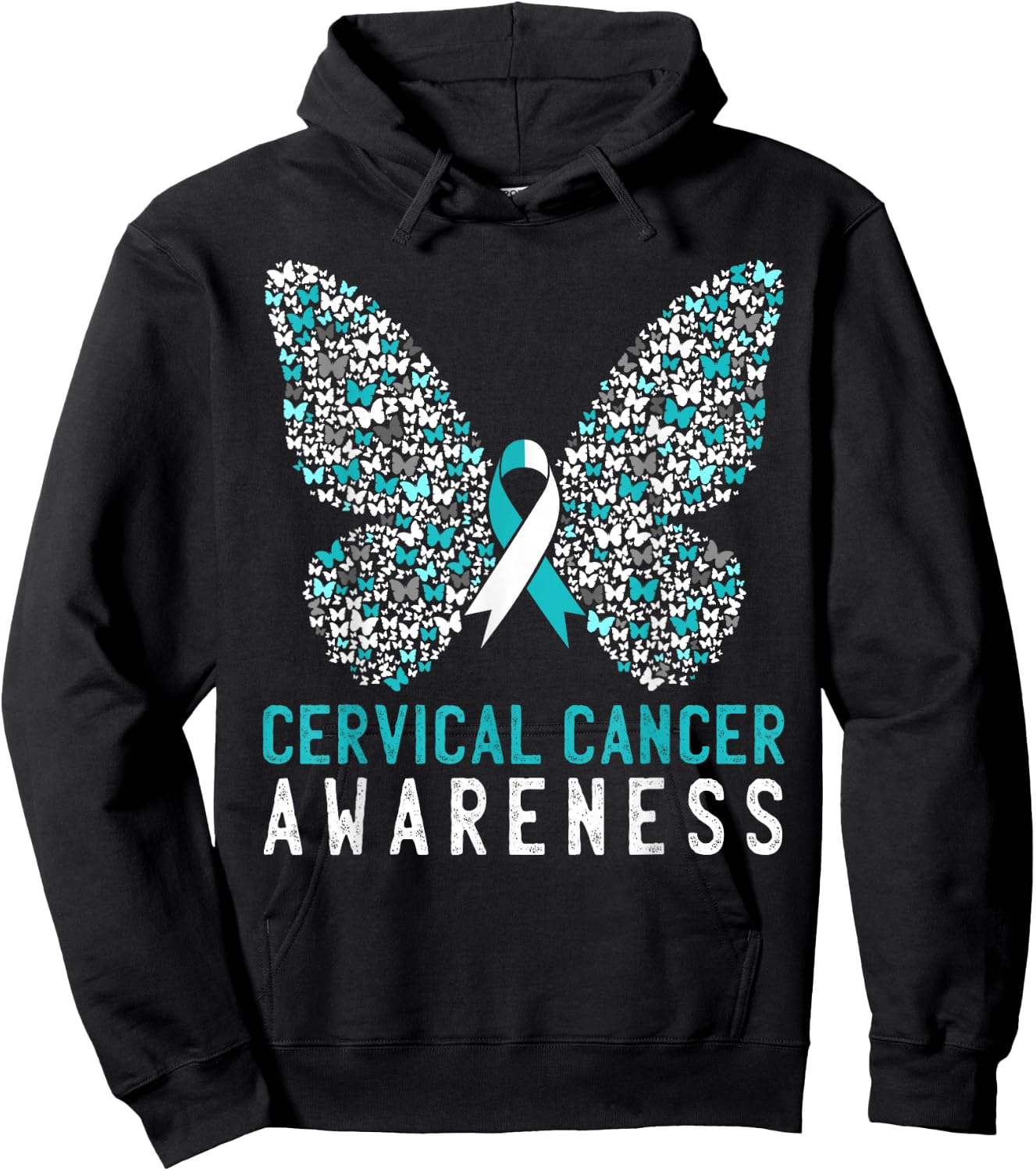 Butterfly Cervical Cancer Awareness Month White Teal Ribbon Hoodie - Hoodie | Black