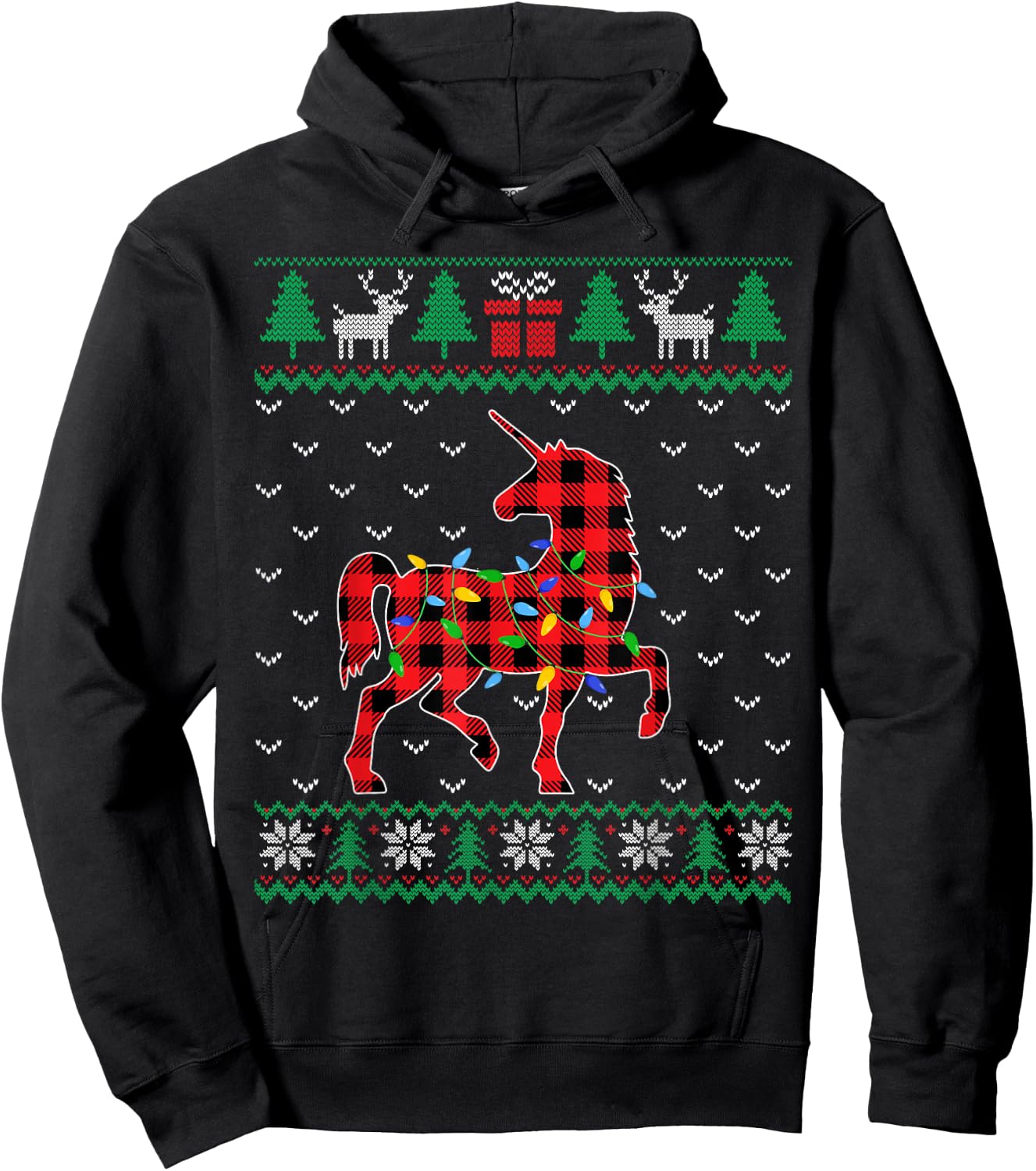 Unicorn Christmas Tree Lights Decoration Xmas Sweater Ugly Hoodie - Hoodie | Black