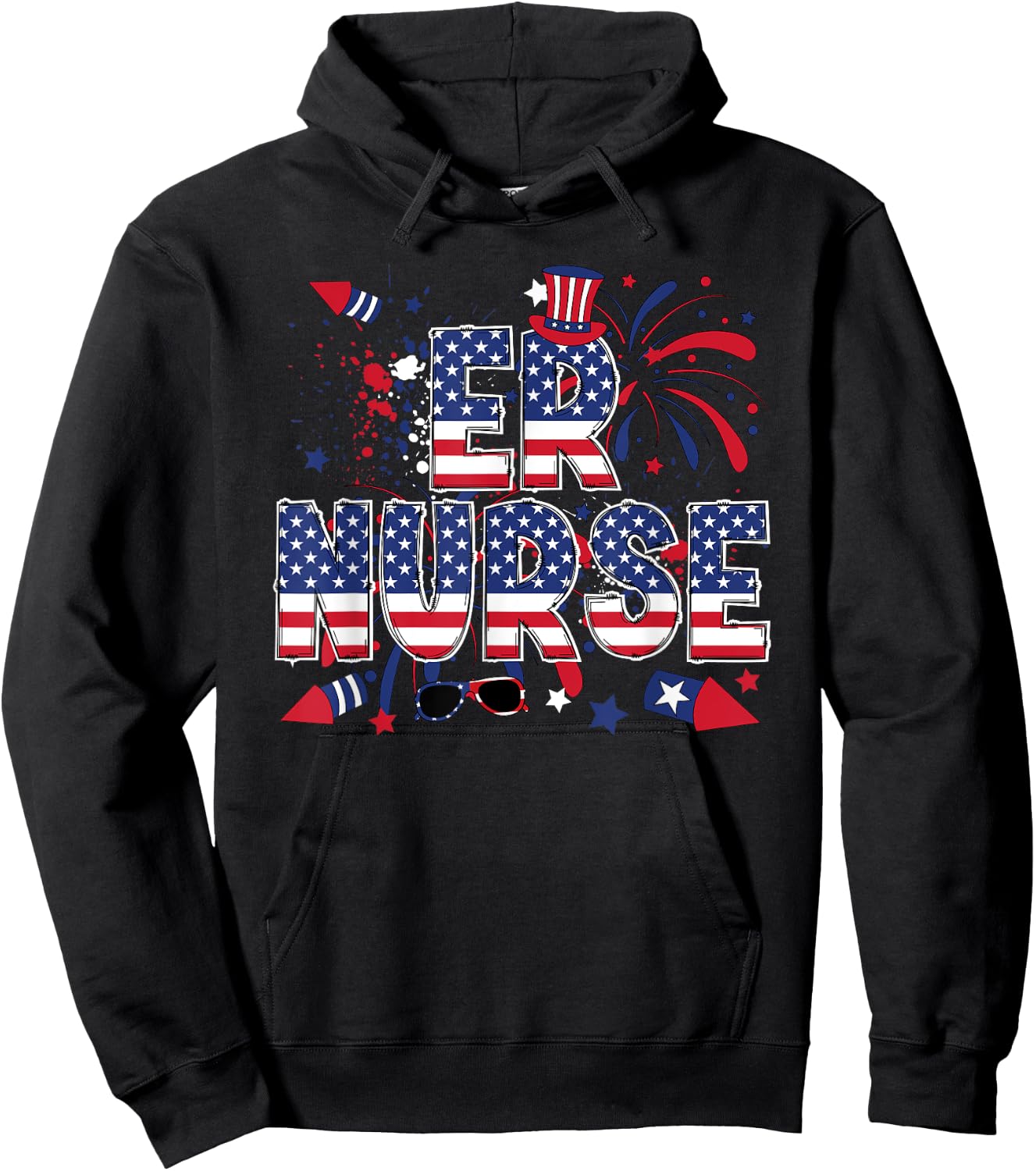 4th Of July Emergency Nurse American Flag ER Nurse Hoodie - Hoodie | Black